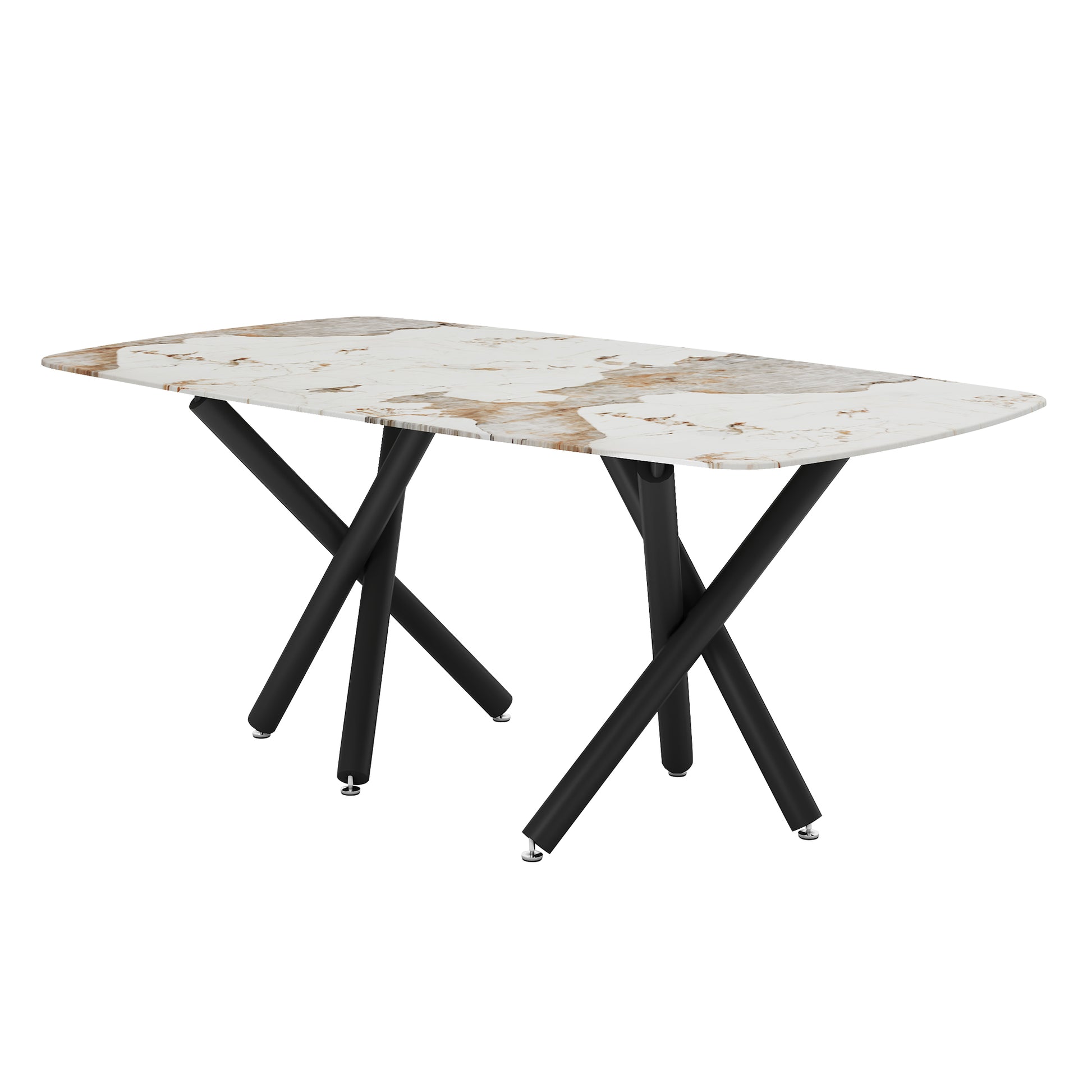 1 Table And 8 Chairs Set.A Rectangular Dining Table With A 0.39 Inch Imitation Marble Tabletop And Black Metal Legs.Paired With 8 Chairs With Pu Leather Seat Cushion And Black Metal Legs.F 1538,C 007 Black Glass Metal