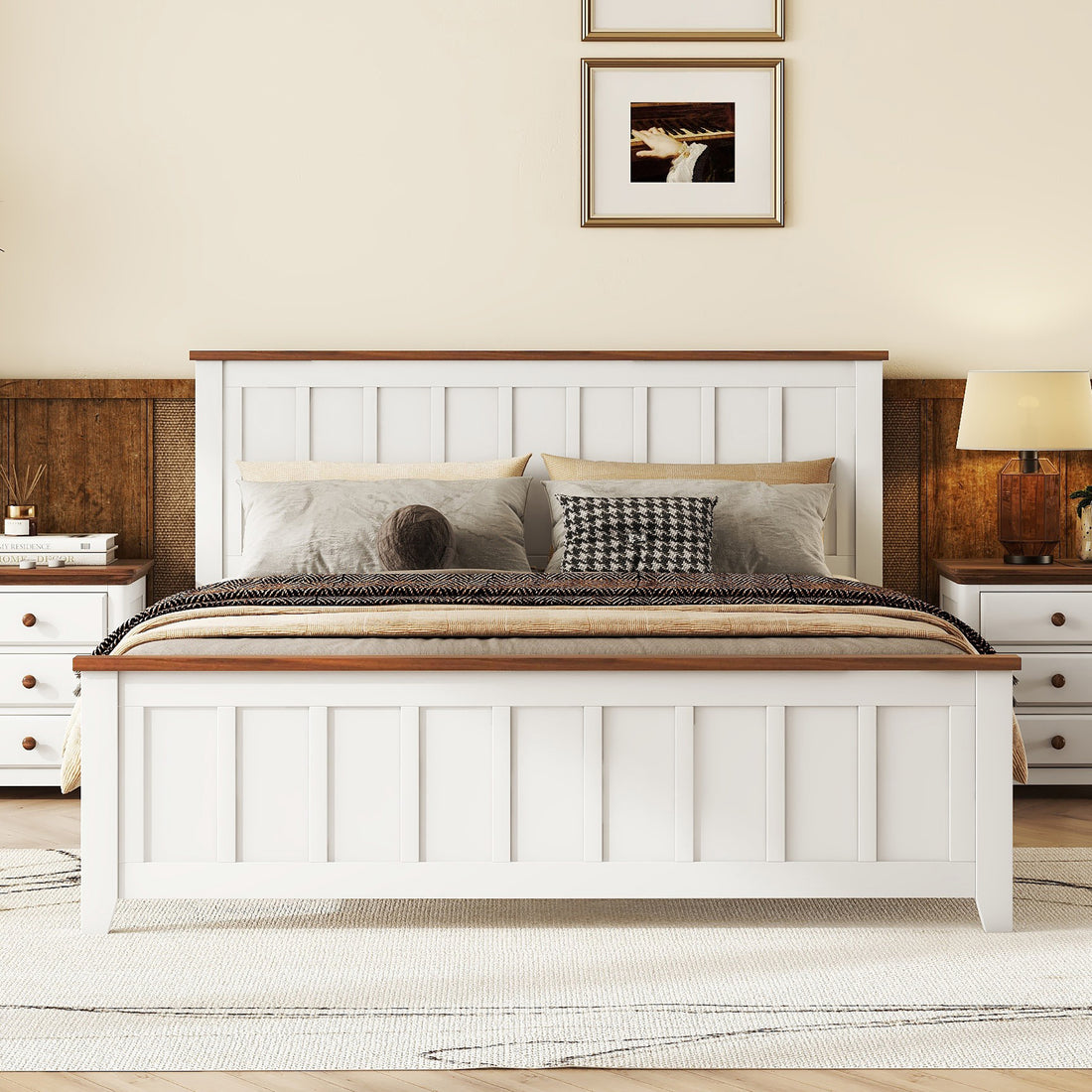 Queen Size Wood Platform Bed Wooden Slat Support, Vintage Simple Bed Frame With Rectangular Headboard And Footboard, White Box Spring Not Required Queen White Wood