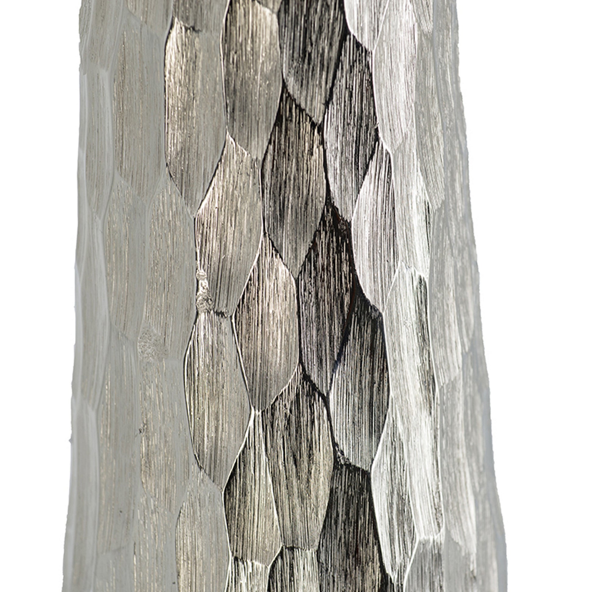 19 Inch Contemporary Tall Oblong Vase, Silver Aluminum, Hammered Texture Silver Aluminium