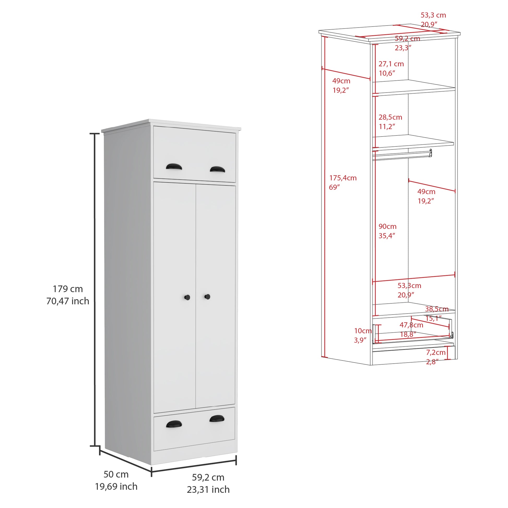 Falkland Armoire With 1 Drawer And 1 Hinged Drawer With Handles White White Bedroom Modern Particle Board