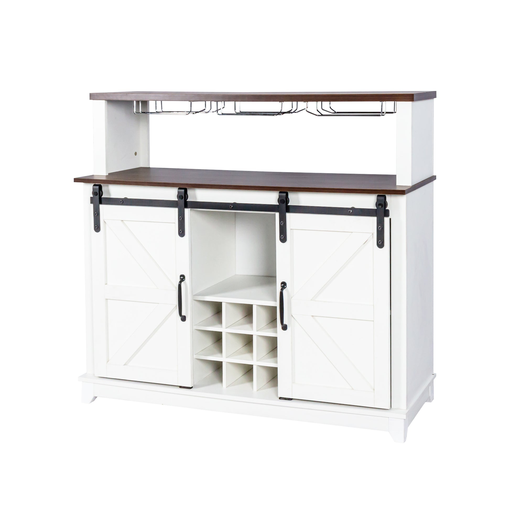 47" Coffee Bar Wine Cabinet With Sliding Barn Doorsideboard Buffet Cabinet With Wine Bottle Rack, Storage Cabinet For Kitchen, Dining Room White Particle Board Mdf