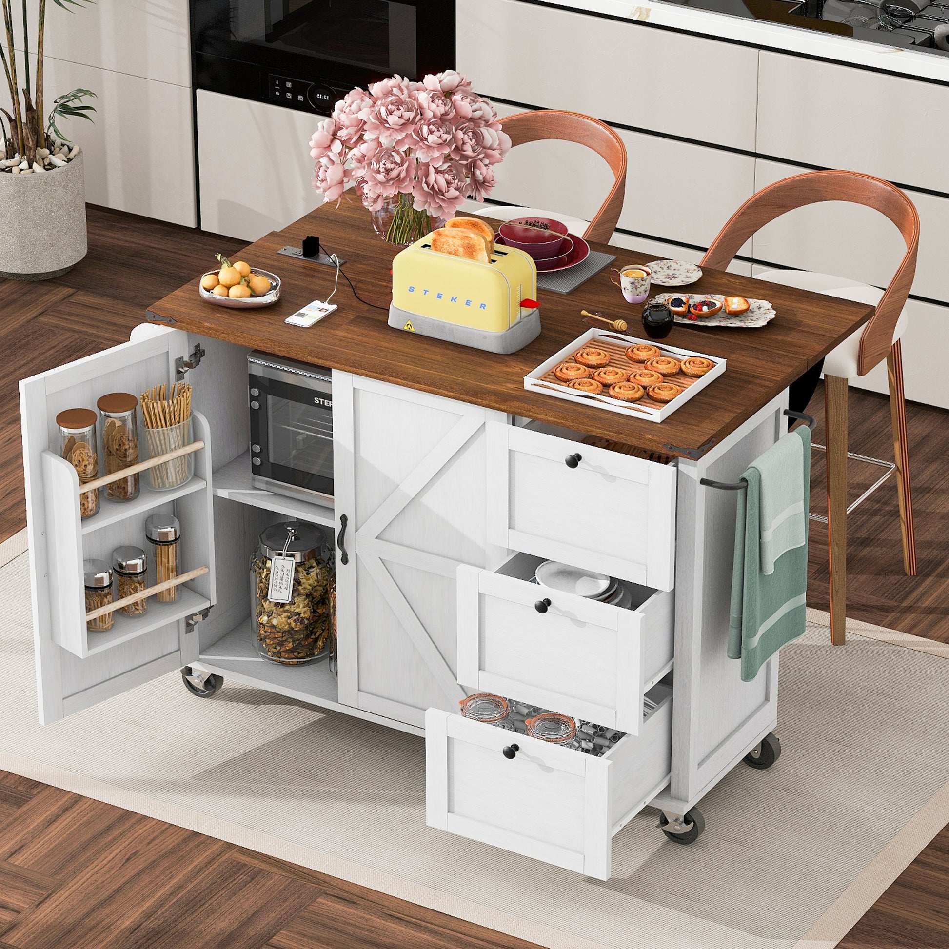 K&K 54.5" Farmhouse Kitchen Island With Power Outlet, Kitchen Storage Island With Internal Storage Rack, Drop Leaf, Spice Rack, Rolling Kitchen Cart On Wheels, For Home, Kitchen And Dining