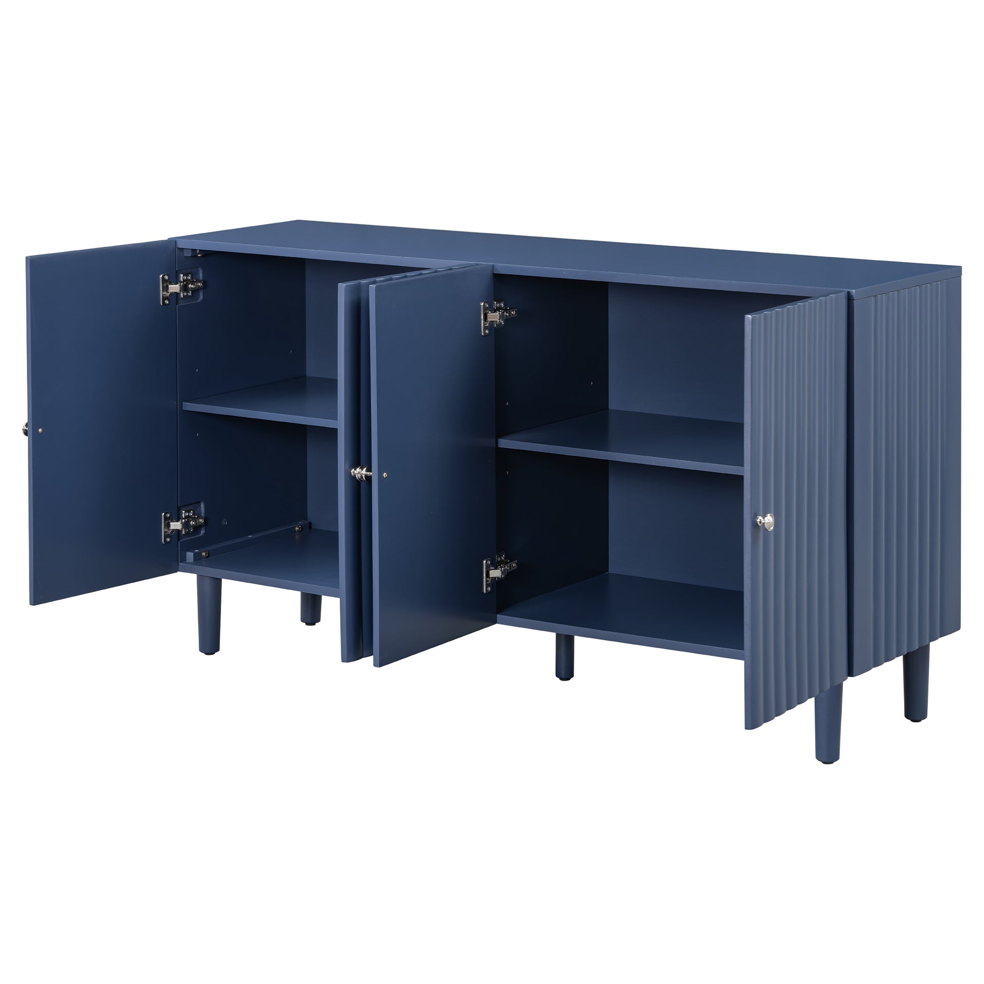 Elegant Four Door Sideboard With Wavy Pattern Doors, Cylindrical Legs, And Sleek Metal Handles, Adjustable, Suitable For Study, Entryway And Living Room Navy Blue Primary Living Space American