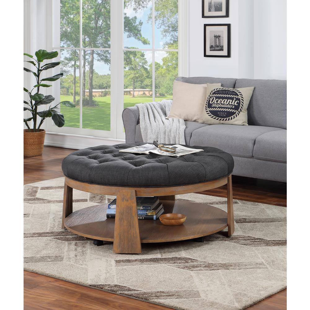 Wire Brushed Finish Natural Tone Dark Gray 1Pc Ottoman Transitional Style Deep Button Linen Like Tufted Seat Open Bottom Shelf Living Room Dark Gray Linen Primary Living Space Beige Contemporary,Rustic,Transitional Rubberwood Round Tufted Solid Wood