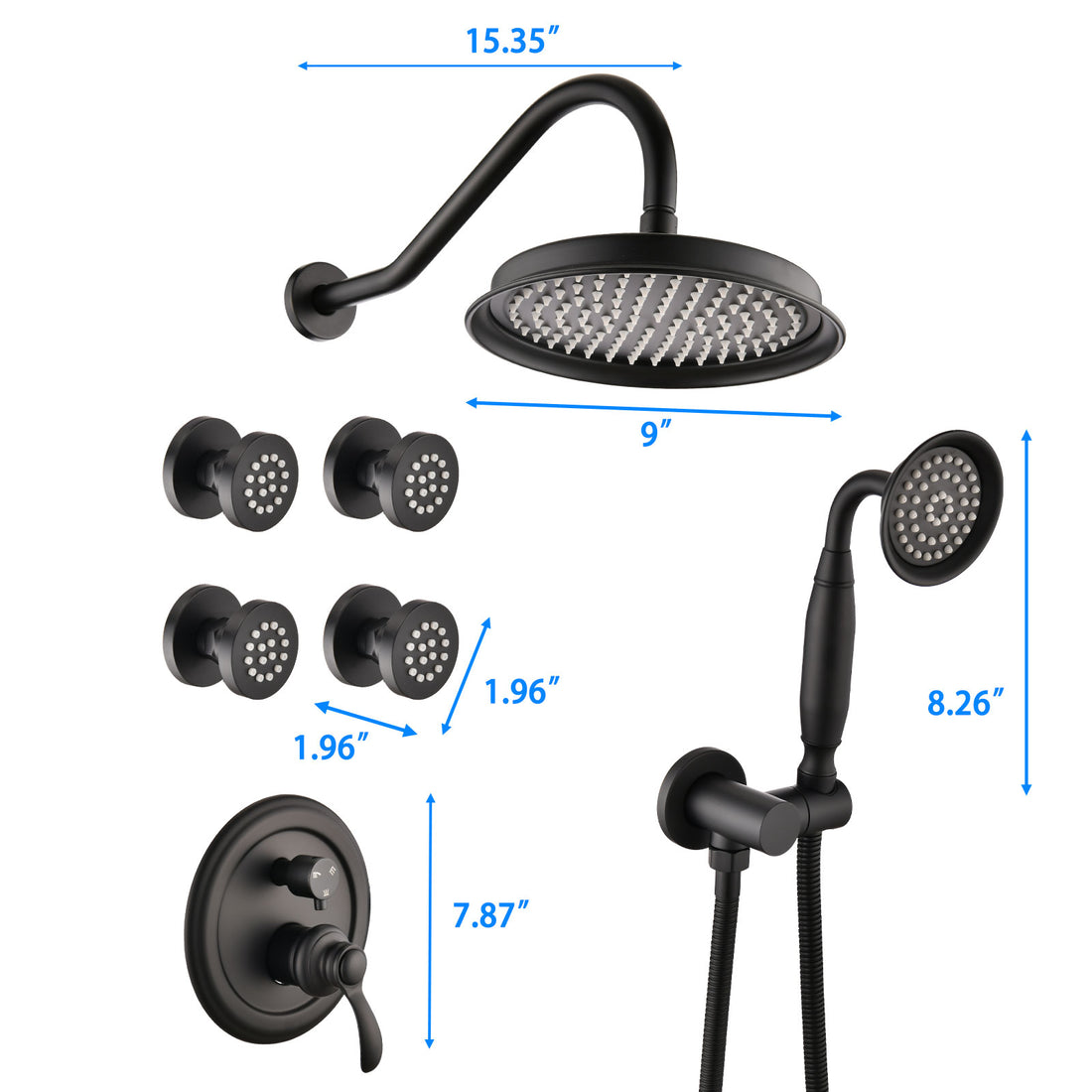 Matte Black Shower System With Handheld And 4 Body Sprays Matte Black Brass