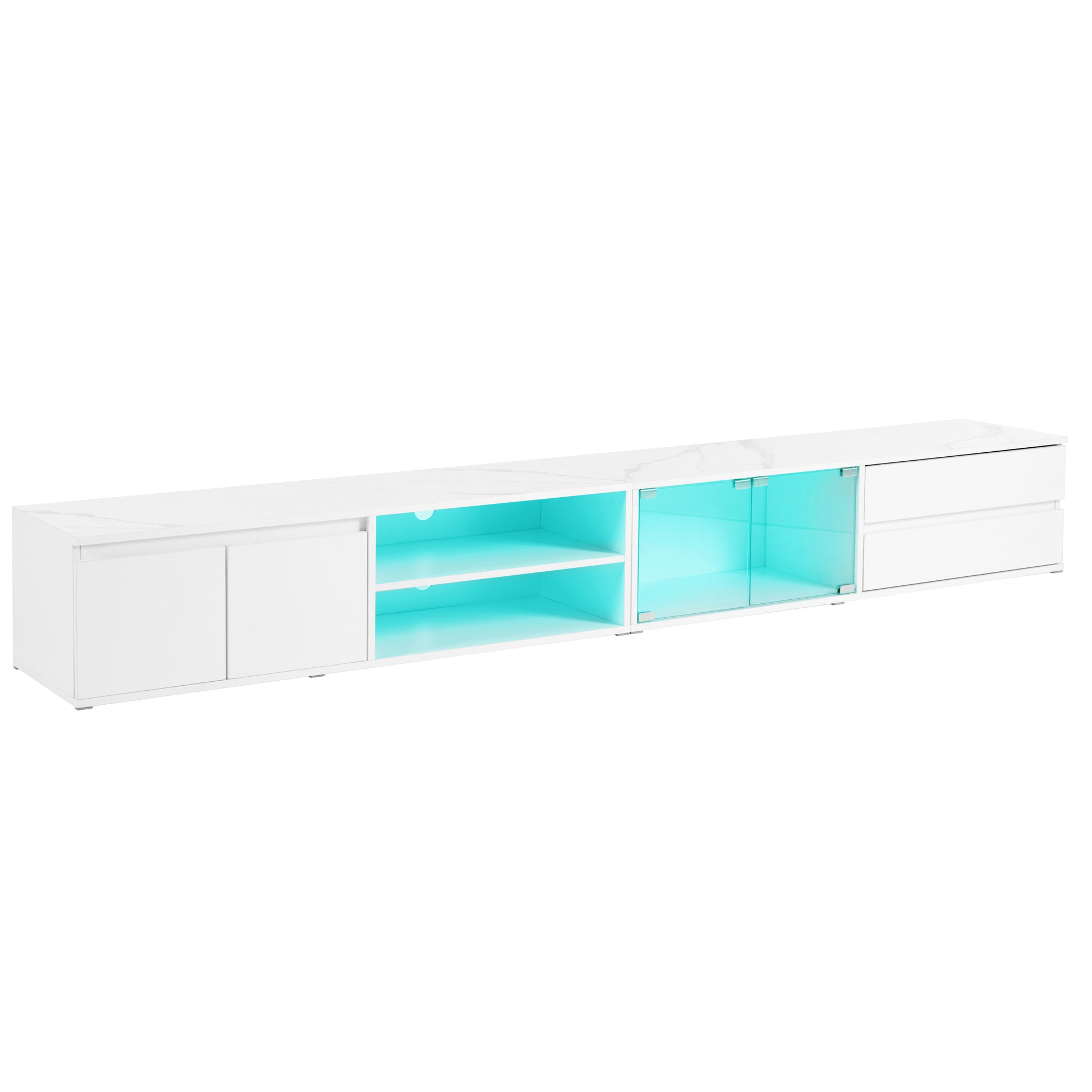 Modern App Controlled Led Tv Stand For Tvs Up To 105'', Faux Marble Tabletop Media Console With Tempered Glass Doors, Entertainment Center With 2 Drawers & Cabinets For Living Room, White White 90 Inches Or Larger Particle Board Mdf