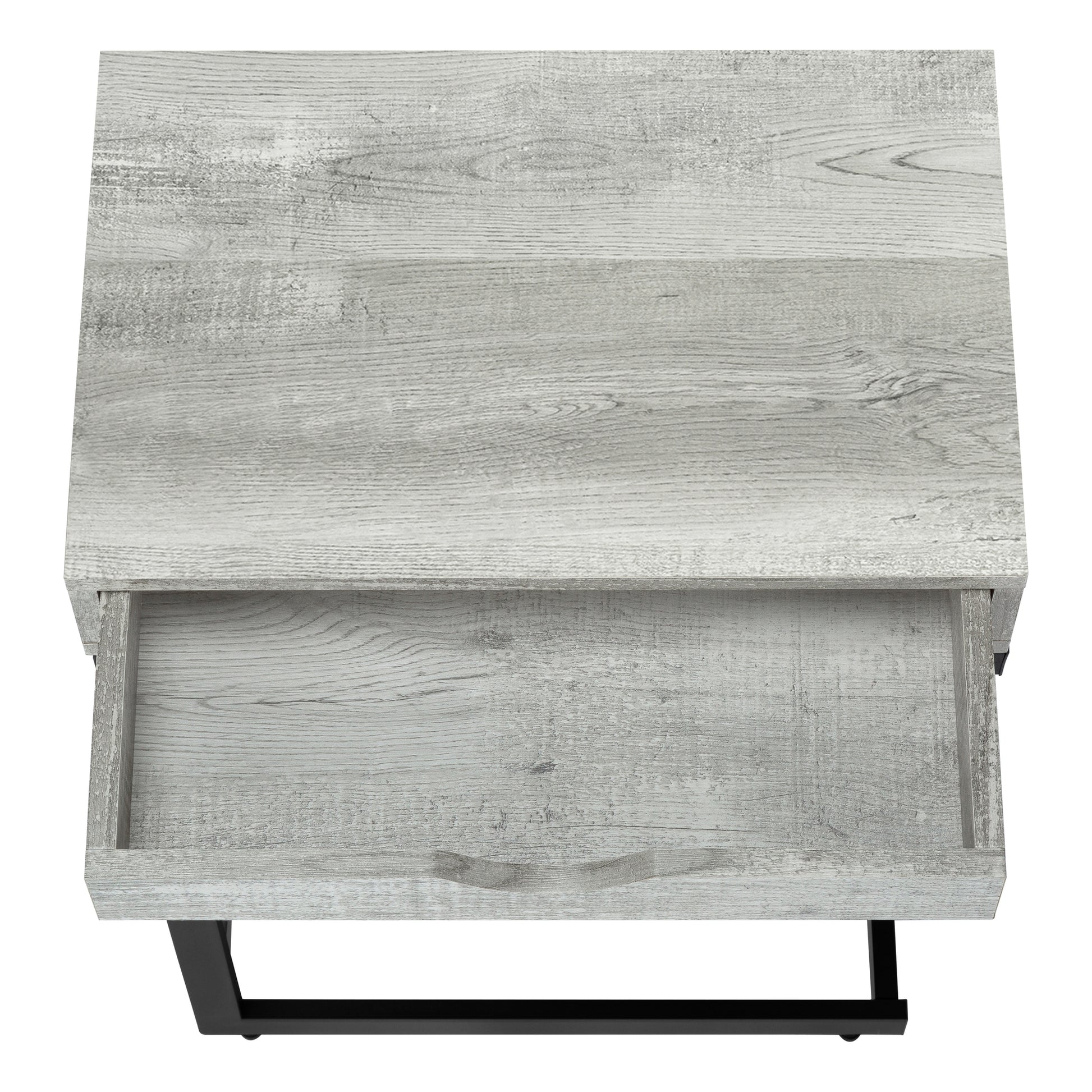 Accent Table, C Shaped, End, Side, Snack, Storage Drawer, Living Room, Bedroom, Grey Laminate, Black Metal, Contemporary, Modern Grey Particle Board