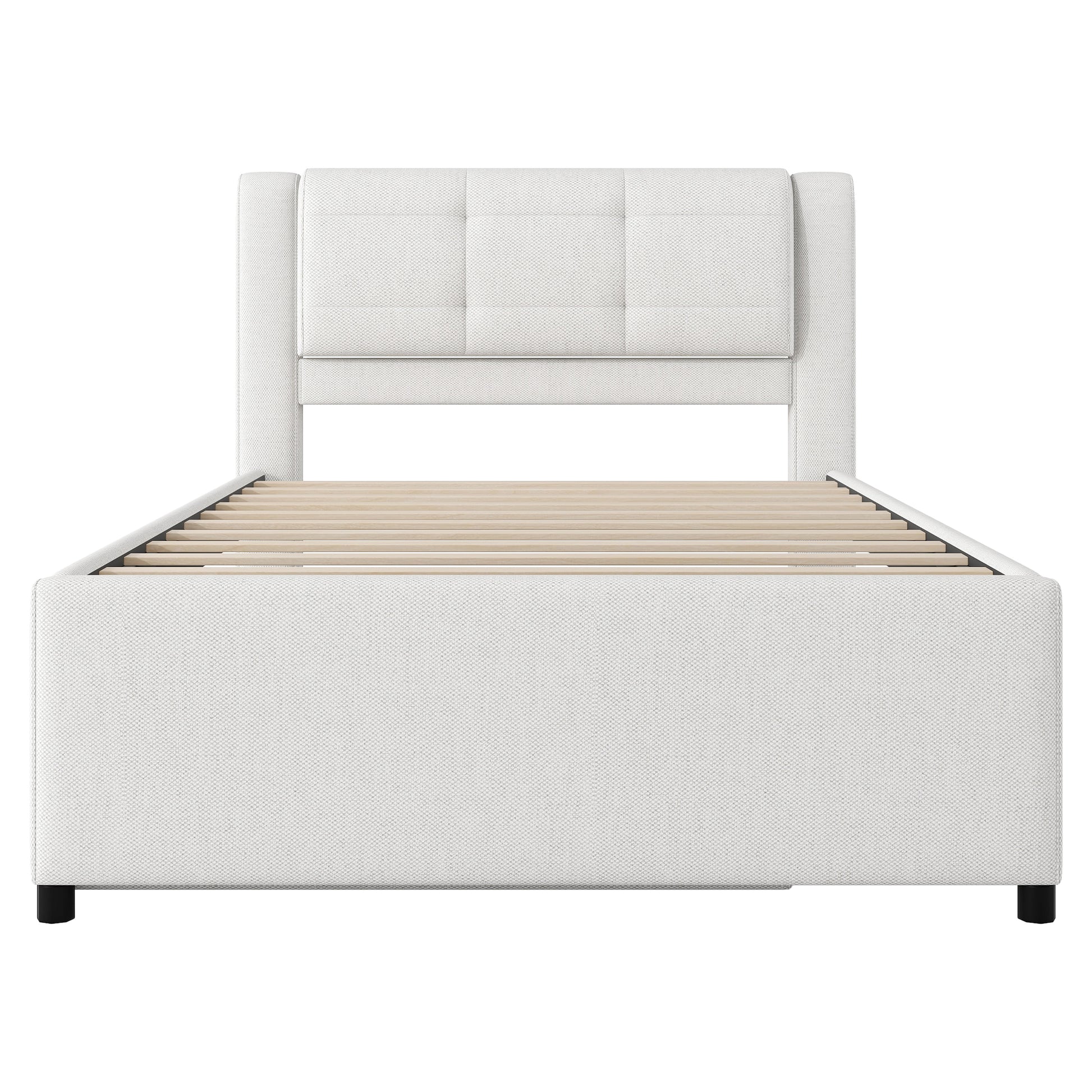 Full Size Upholstery Platform Bed With Trundle,Trundle Can Be Flat Or Erected, Beige Box Spring Not Required Full Beige Bedroom Linen Upholstered