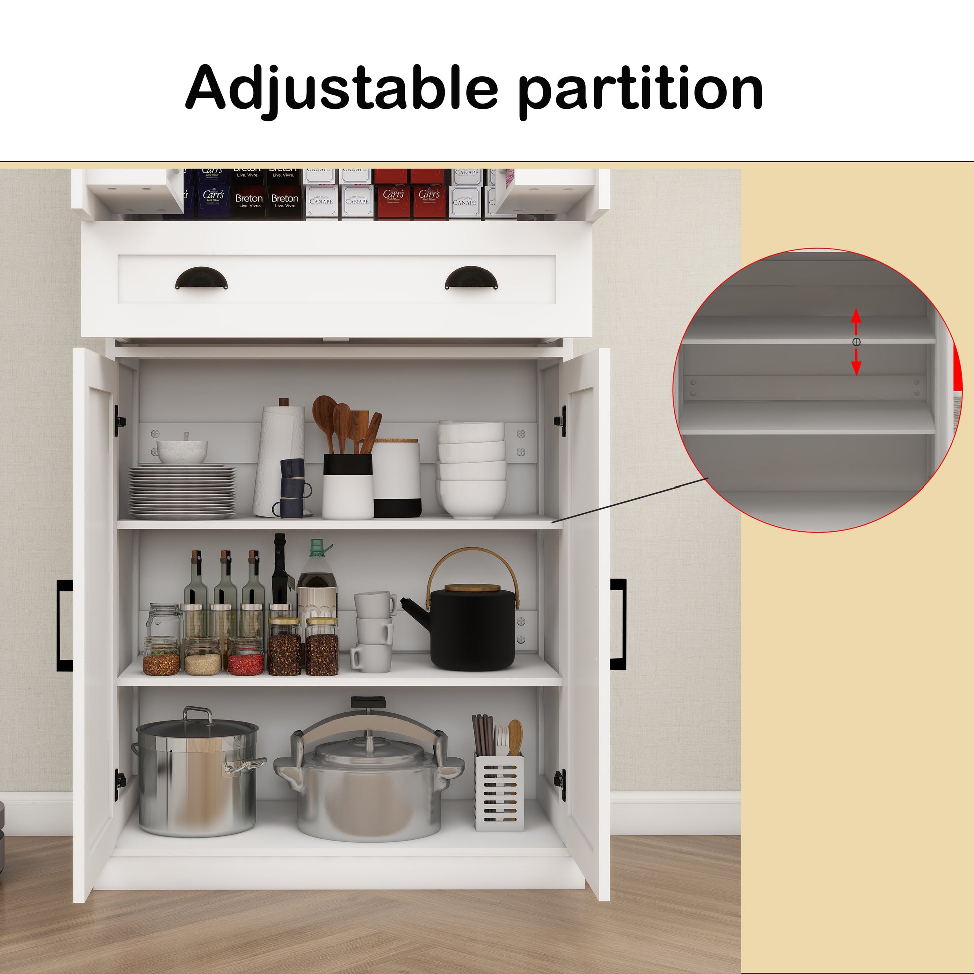 71" Kitchen Pantry Storage Cabinet With 4 Doors 2Doors With Racks ,1 Drawer, 2 Adjustable Shelves, Freestanding Cupboard For Kitchen, Dining Room And Living Room White White Mdf