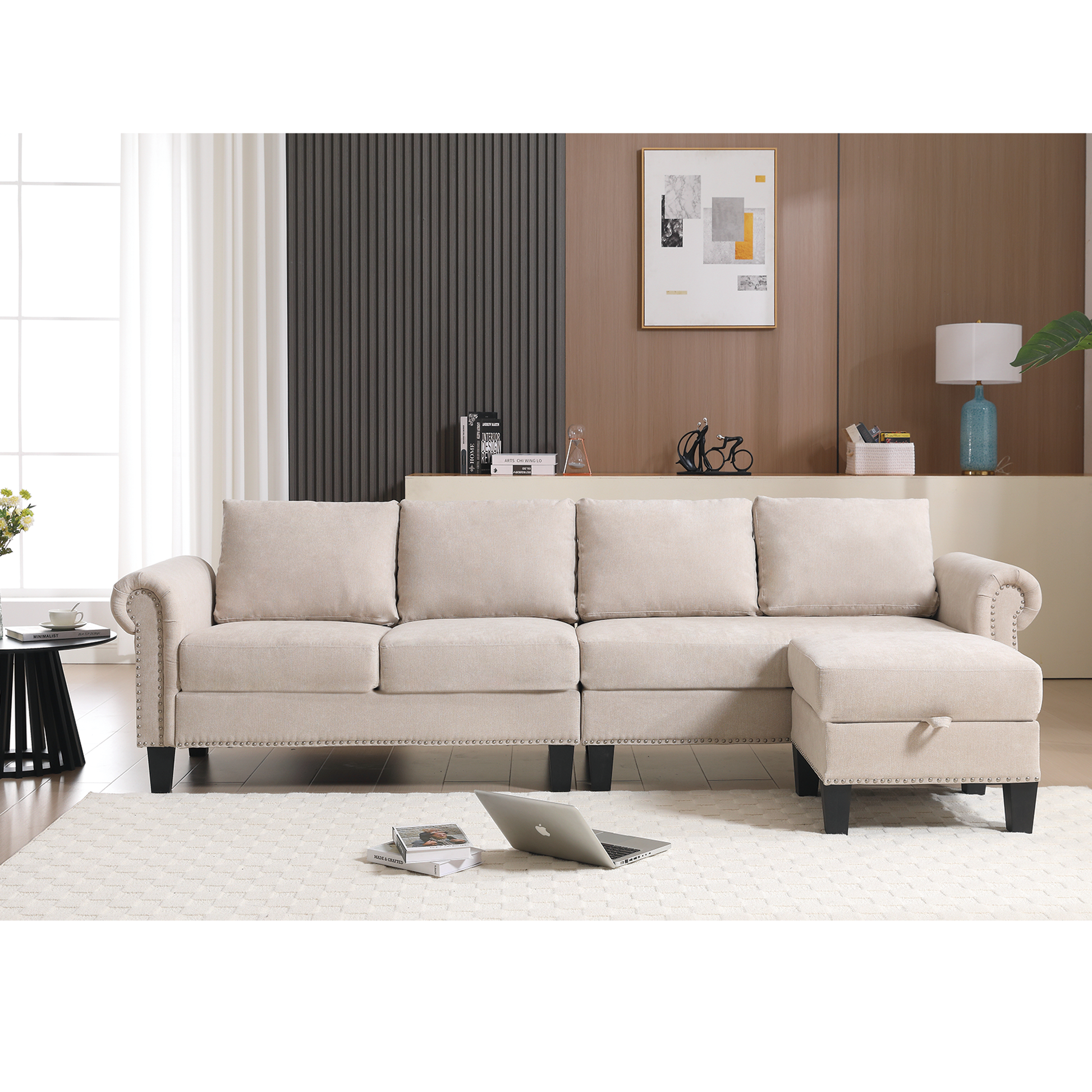 Arrived Convertible Sectional Sofa With Storage,L Shaped Sofa,Four Seater Sofa,Modern Linen Fabric Sectional Couches For Living Room, Beige Beige Polyester Wood Primary Living Space Medium Soft Cushion Back Modern Wood 4 Seat