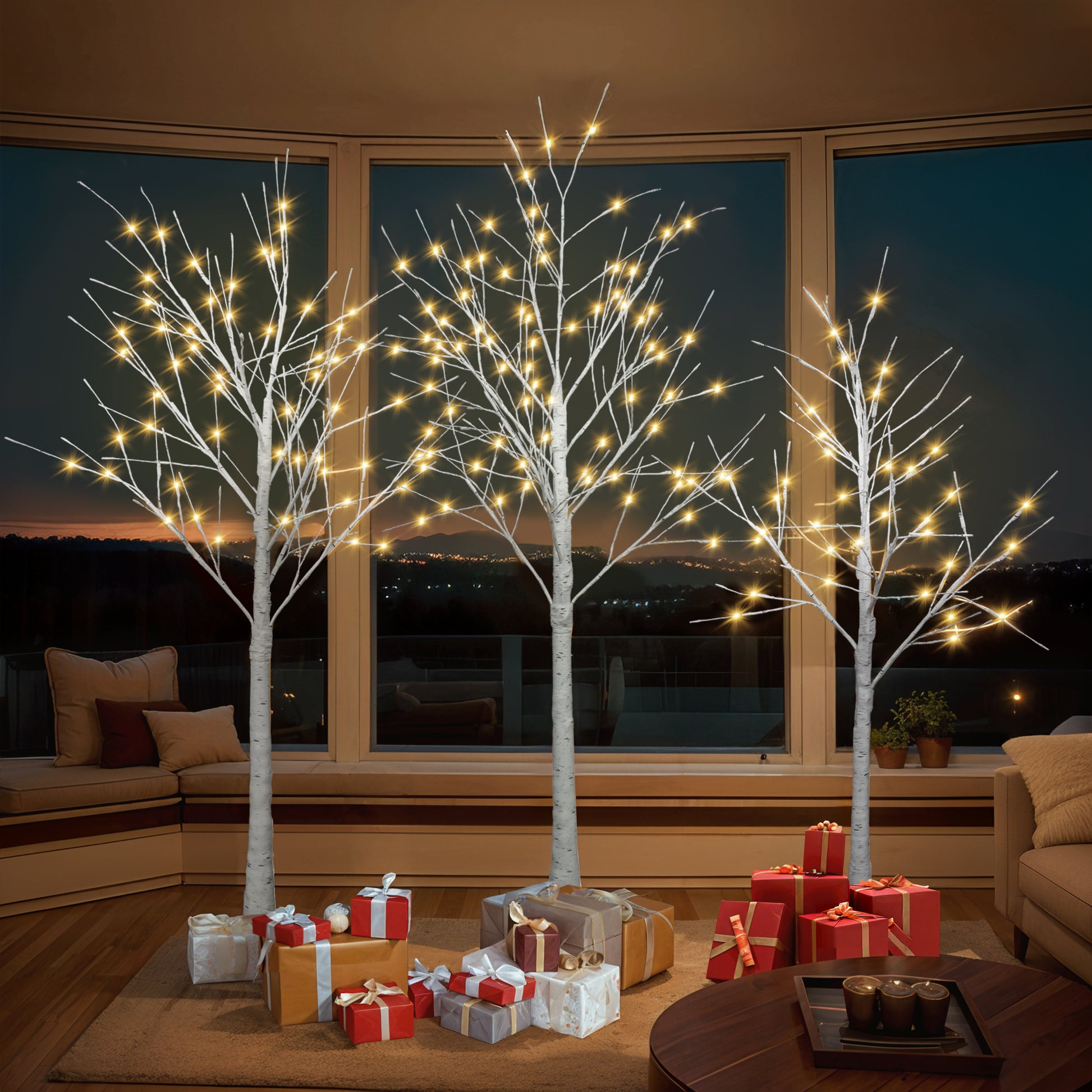 Set Of Lighted Birch Tree, 4Ft 48 Led 5Ft 72 Led 6Ft 96 Led Artificial Tree With Warm White Lights, Christmas Tree For Decoration Inside And Outside White Pvc