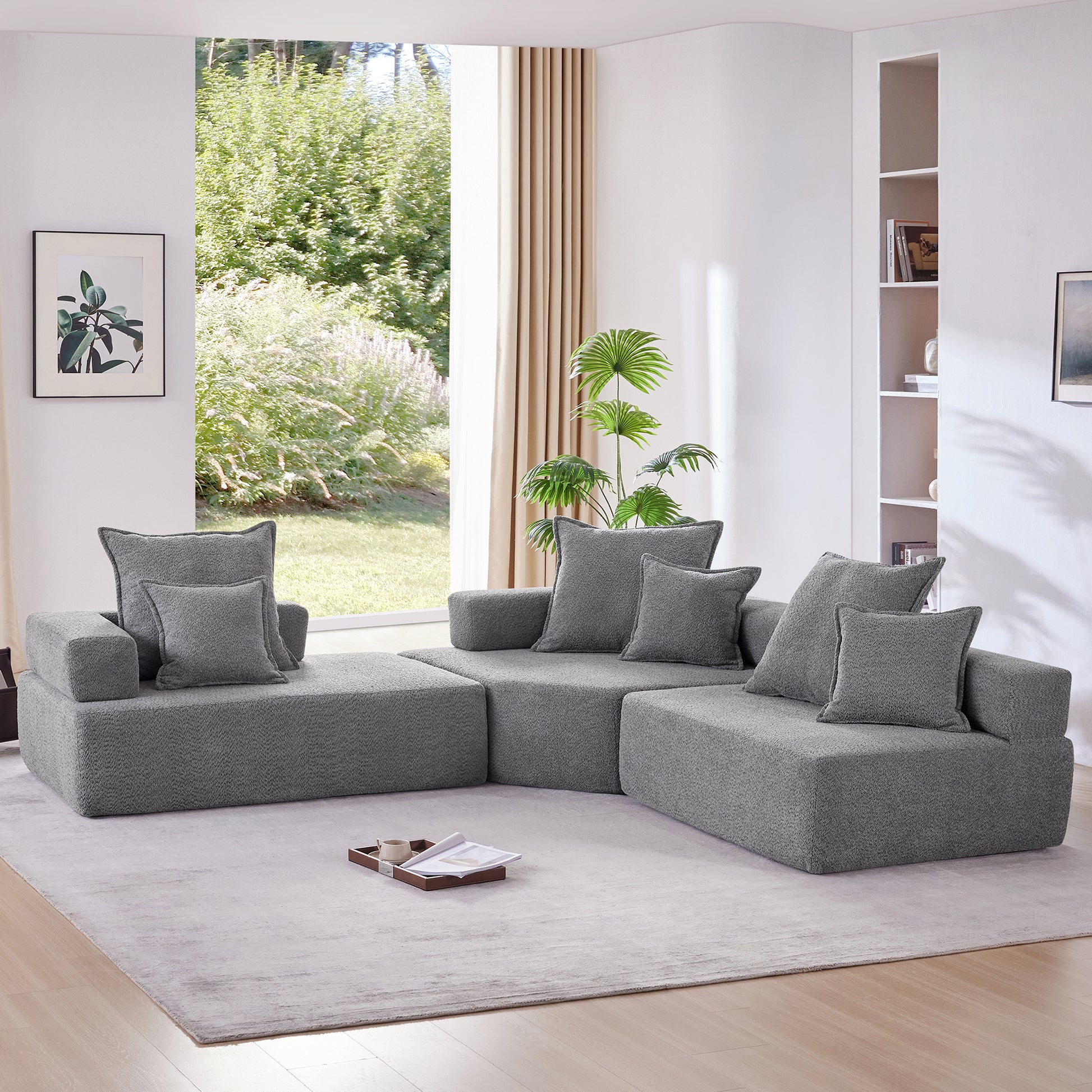 Oversized Modular L Shaped Sectional Sofa,Luxury Boucle Floor Couch Set,Convertible Sleeper Couch,Spacious Foam Filled Sofa Bed For Living Room,3 Pc Free Combination,2 Colors Gray Boucle 5 Seat