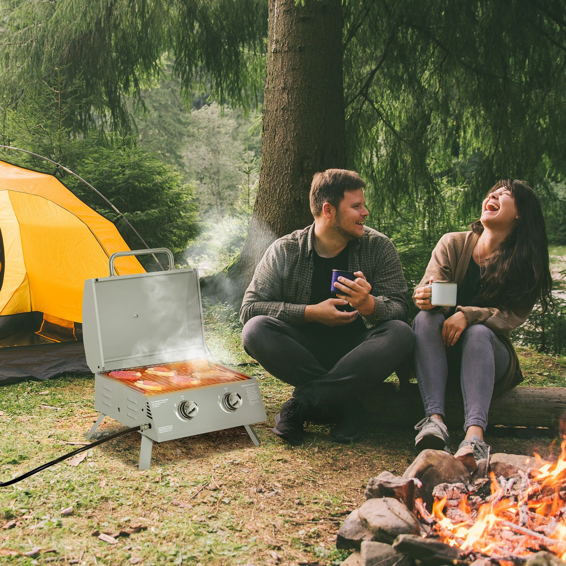 Outsunny 2 Burner Propane Gas Grill Outdoor Portable Tabletop Bbq With Foldable Legs, Lid, Thermometer For Camping, Picnic, Backyard, Light Grey Light Grey Steel
