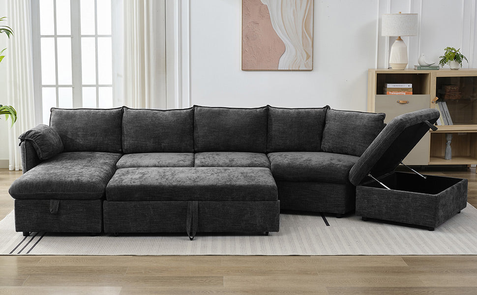 146.9" L Shaped Sofa Sectional Sofa Couch Pull Out Sofa Bed With A Movable Storage Ottoman, A Storage Chaise Lounge And Two Usb Ports For Living Room, Grey Grey Foam Linen 5 Seat