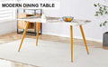 Modern Minimalist Dining Table. White Imitation Marble Pattern Sintered Stone Desktop With Golden Metal Legs.62.2