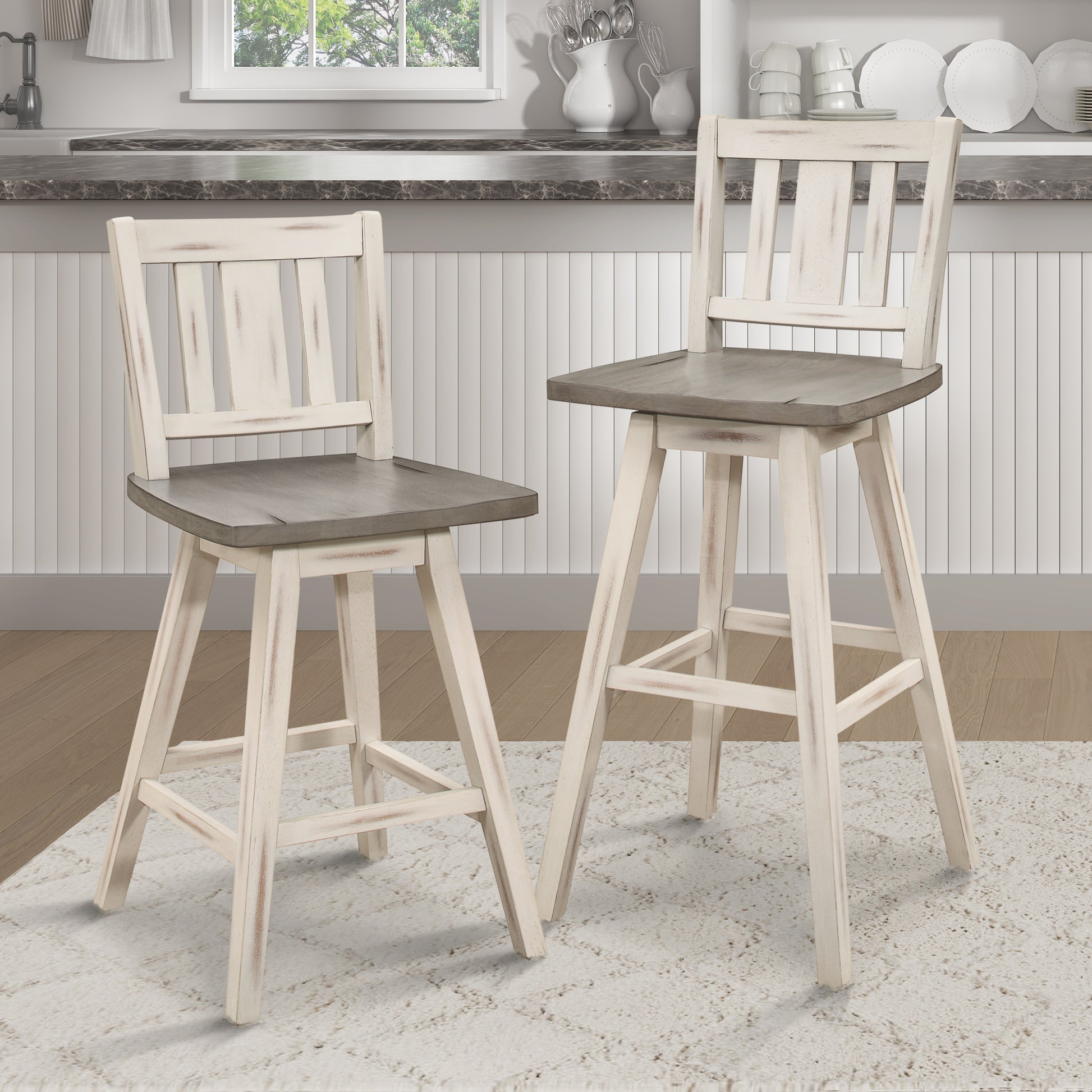 Pub Height Chairs Set Of 2, Distressed Gray And White 360 Degree Swivel Chair Solid Rubberwood Furniture, Vertical Slat Back Bar Chairs White Gray Dining Room Rustic Slat Back Solid Wood