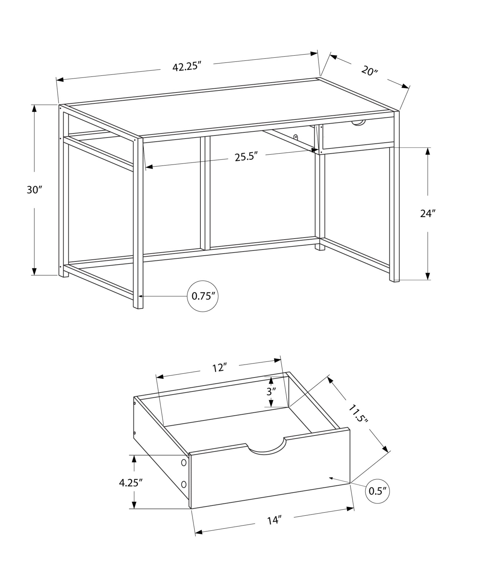 Computer Desk, Home Office, Laptop, Storage Drawer, 42"L, Work, Black Laminate, Black Metal, Contemporary, Modern Black Mdf