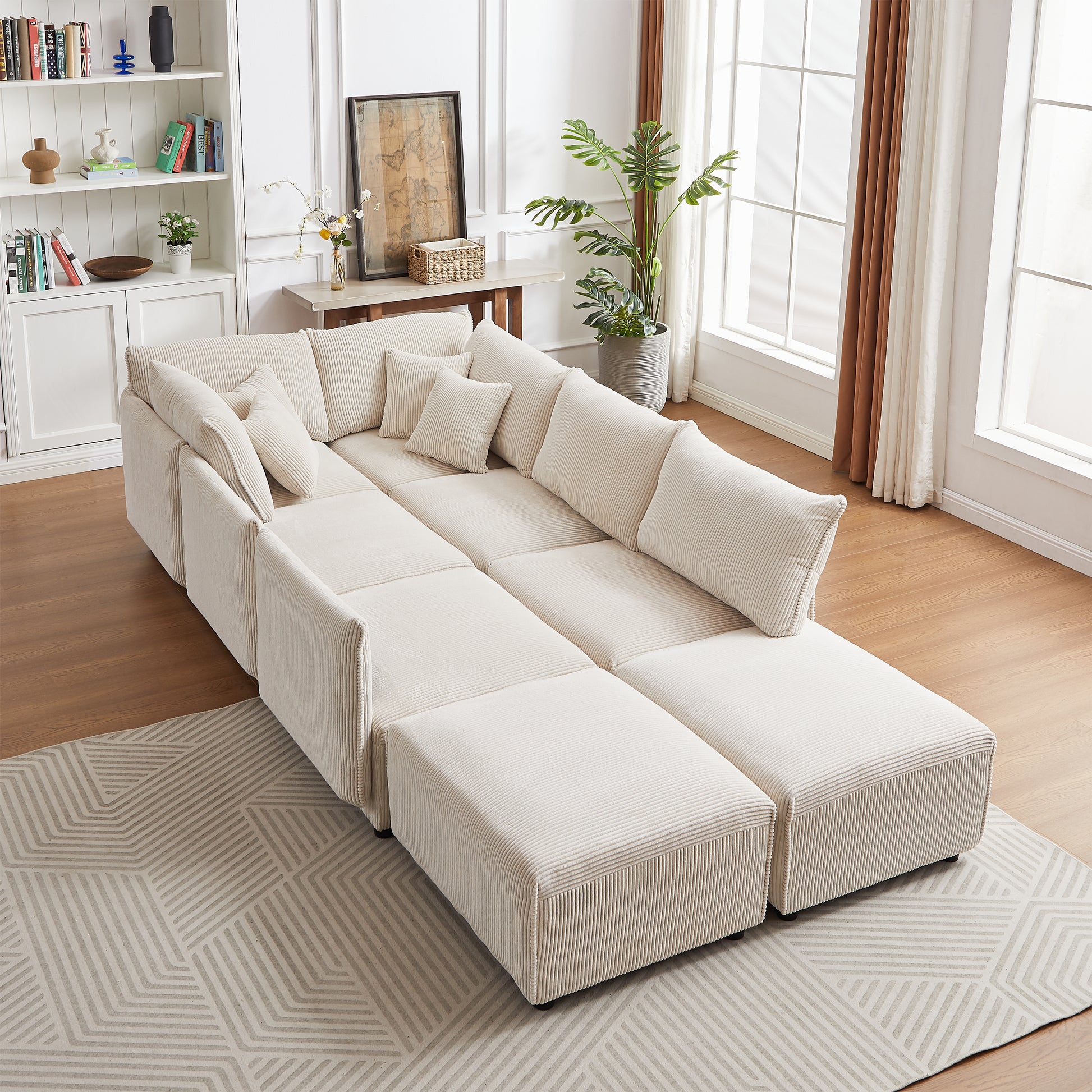 Multi Module Combination Style Sofa For Living Room, Bedroom And Other Lounge Spaces, Modern Minimalist Corduroy Combination Sofa With 2 Comfort Cushions With Usb & C Charging Ports,Beige,Two Sets Beige Foam Fabric 8 Seat