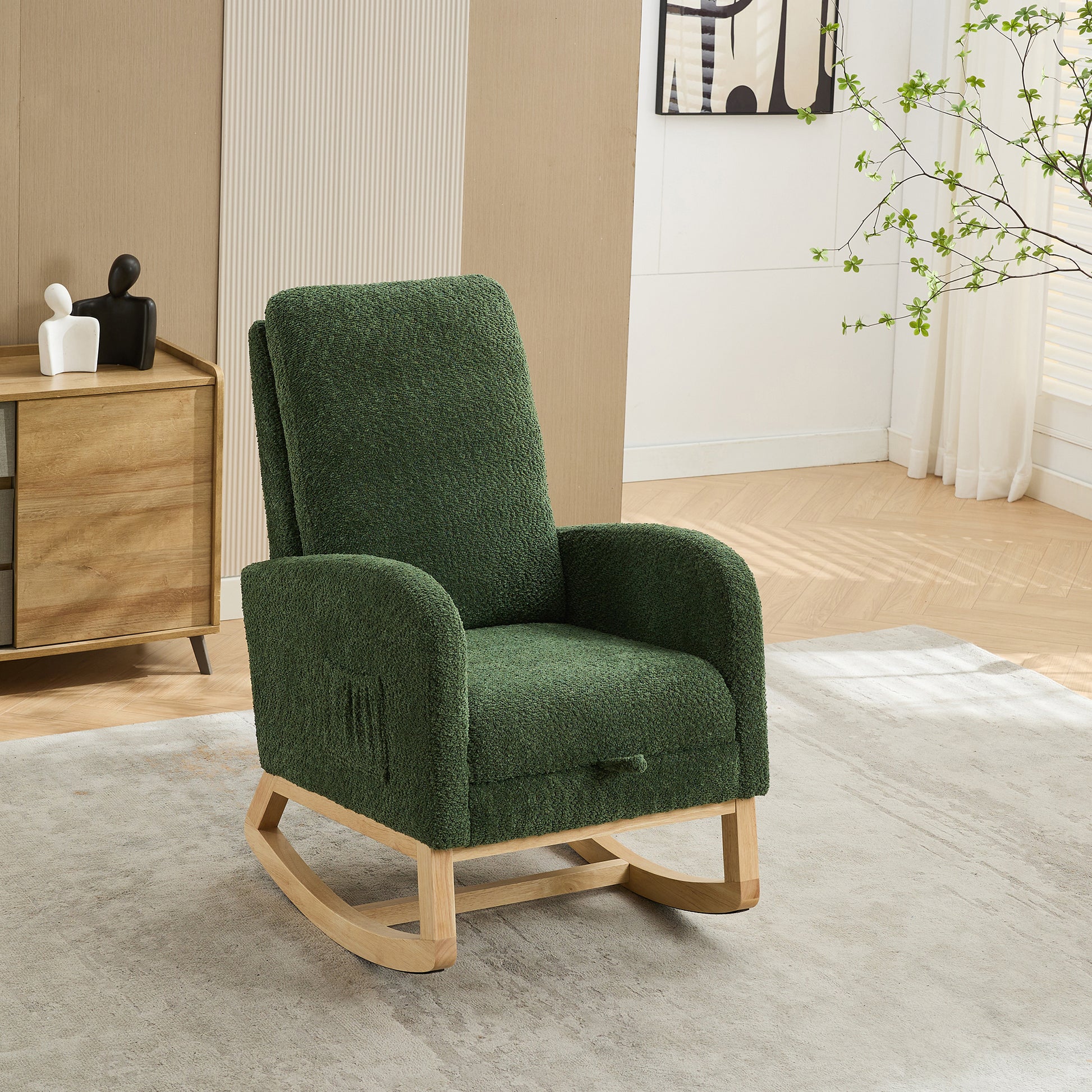 25.4"W Rocking Chair For Nursery, High Back Glider Chair With Retractable Footrest, Side Pocket, Rocking Accent Armchair With Rubber Wood Legs For Living Room Bedroom.Green Green Boucle