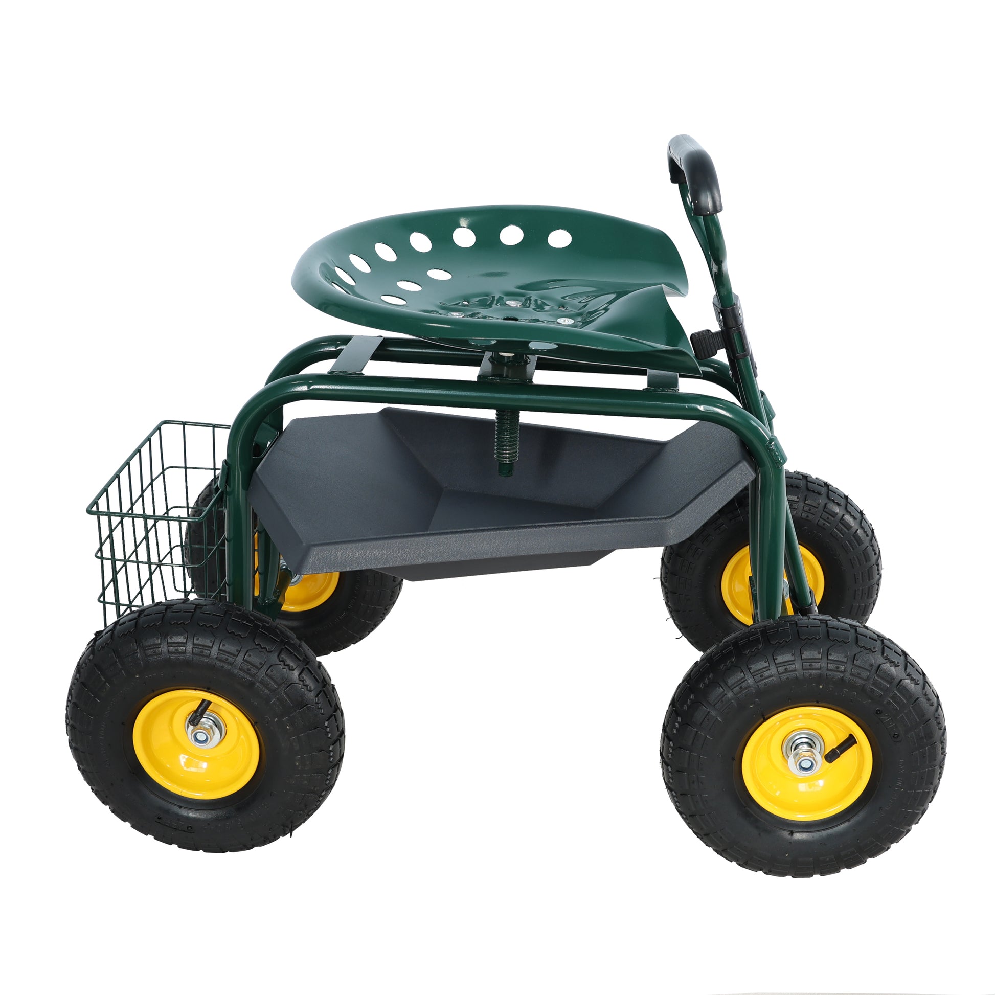 Garden Trolley Rolling Work Chair With Wheels, Garden Stool For Planting, 360 Degree Swivel Seat, Station Wagon Scooter With Steering Handle And Utility Tray, For Yard And Outdoors, Green Green Garden & Outdoor Iron