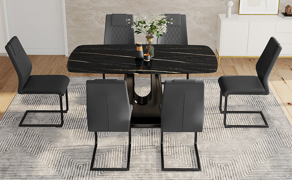 Table And Chair Set, Minimalist Dining Table, Imitation Marble Patterned Glass Tabletop, Mdf Legs With U Shaped Brackets. Paired With Comfortable Chairs, Suitable For Dining And Living Rooms. Black Mdf Glass