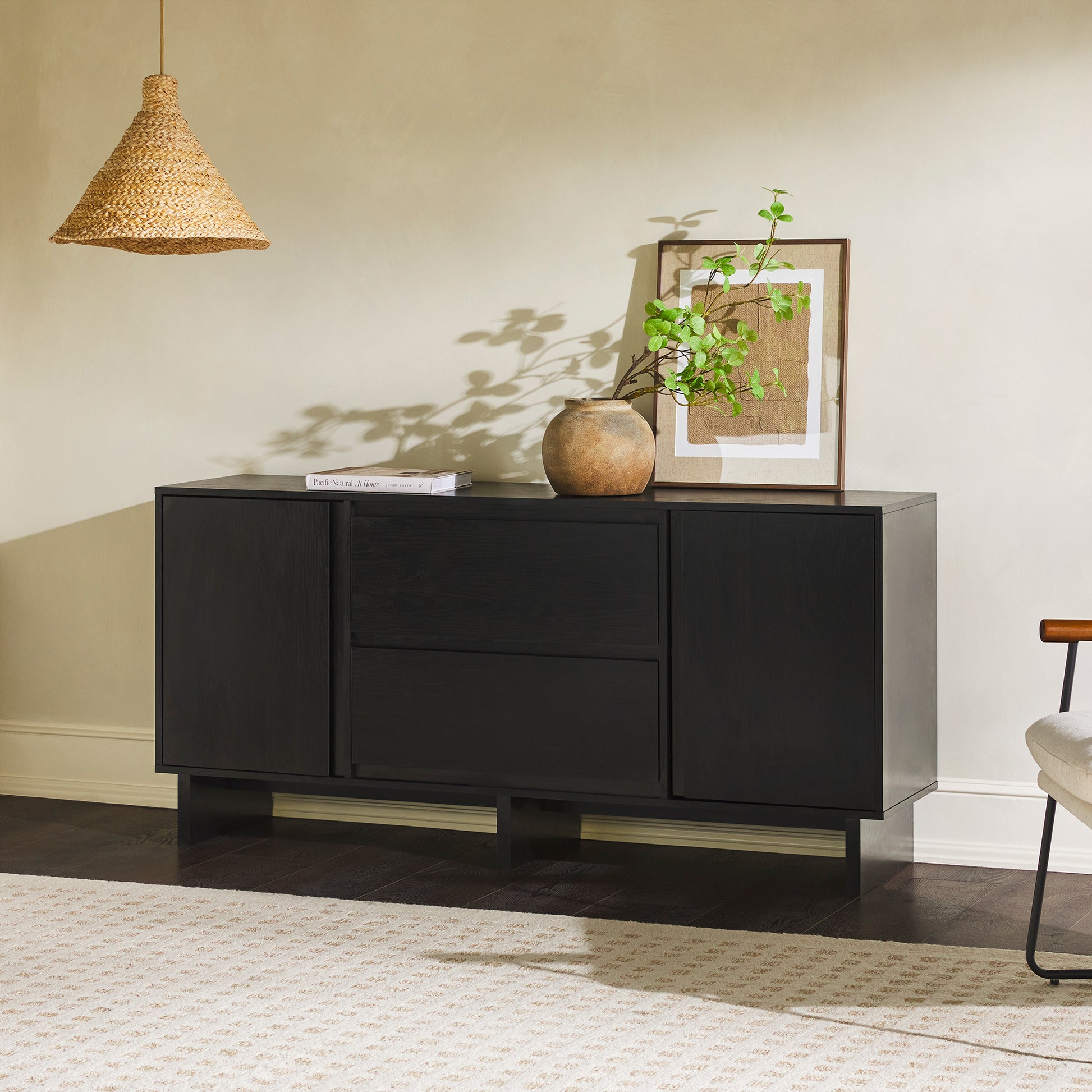 63" Scandi Sideboard With Beveled Drawers, Black Black Mdf Mdf