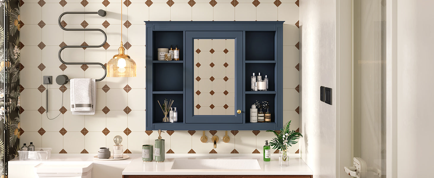 35'' X 27.5'' Medicine Cabinet, Wall Mounted Bathroom Storage Cabinet, Modern Bathroom Wall Cabinet With Mirror, Mirror Cabinet With 6 Open Shelves Not Include Bathroom Vanity Blue 1 5 Mirror Included Bathroom Wall Mounted Mdf Painted