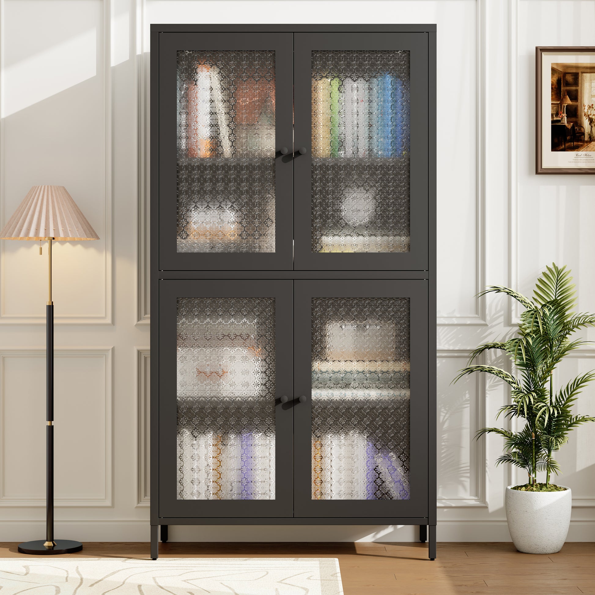 Classic Metal Storage Cabinet Display Cabinet With 4 Glass Doors 4 Shelves Cabinet Freestanding Bookcase Side Cabinet For Home Office Living Room Kitchen Hallway Black, Begonia Flower Tempered Glass Freestanding 3 4 Shelves Glass Pane Black Kitchen Glass