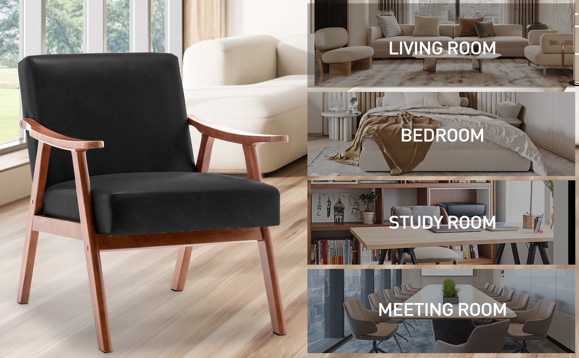 Mid Century Modern Chair, Living Room Chair With Solid Wood Frame, Accent Chair Extra Thick Backrest, Wingback Chair For Bedroom, Reading Room, Living Room, Lounge Chair Indoor Black Pu Primary Living Space Mid Century Modern Foam Pu Leather