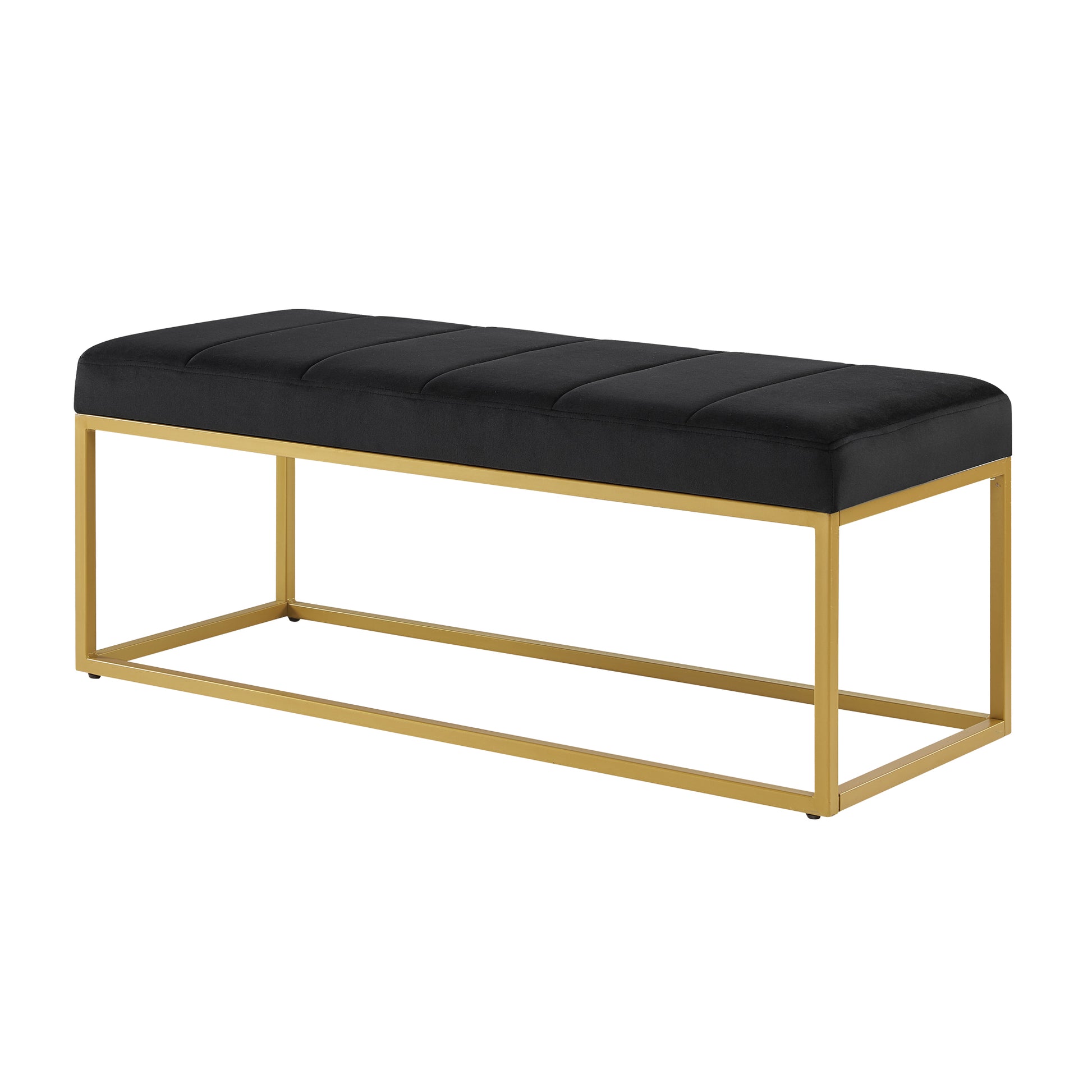 Modern Tufted Channel Entryway Bench Emerald Velvet Upholstered End Of Bed Bench With Metal Frame,Footboard Bench For Living Room, Bedroom Black Foam Velvet