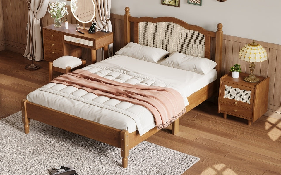 Full Size Wooden Platform Bed With Natural Rattan Headboard, Vintage Bed Frame With Wooden Slat Support, Walnut Box Spring Not Required Full Walnut Wood