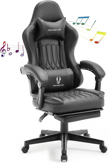 Gaming Chair With Speakers, High Back Computer Chair With Footrest, Lumbar Support And Headrest, Big And Tall Gamer Chairs With Heavy Duty Base Linkage Armrests For Adults Nylon Black Foam Faux