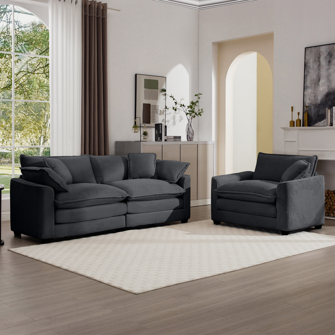 Modern Living Room Sofa Two Piece Set, Suitable For Living Room And Bedroom Sofa Set, Consists Of A Single Seat And A 3 Seater Sofas, Grey Corduroy Grey Corduroy 3 Seat