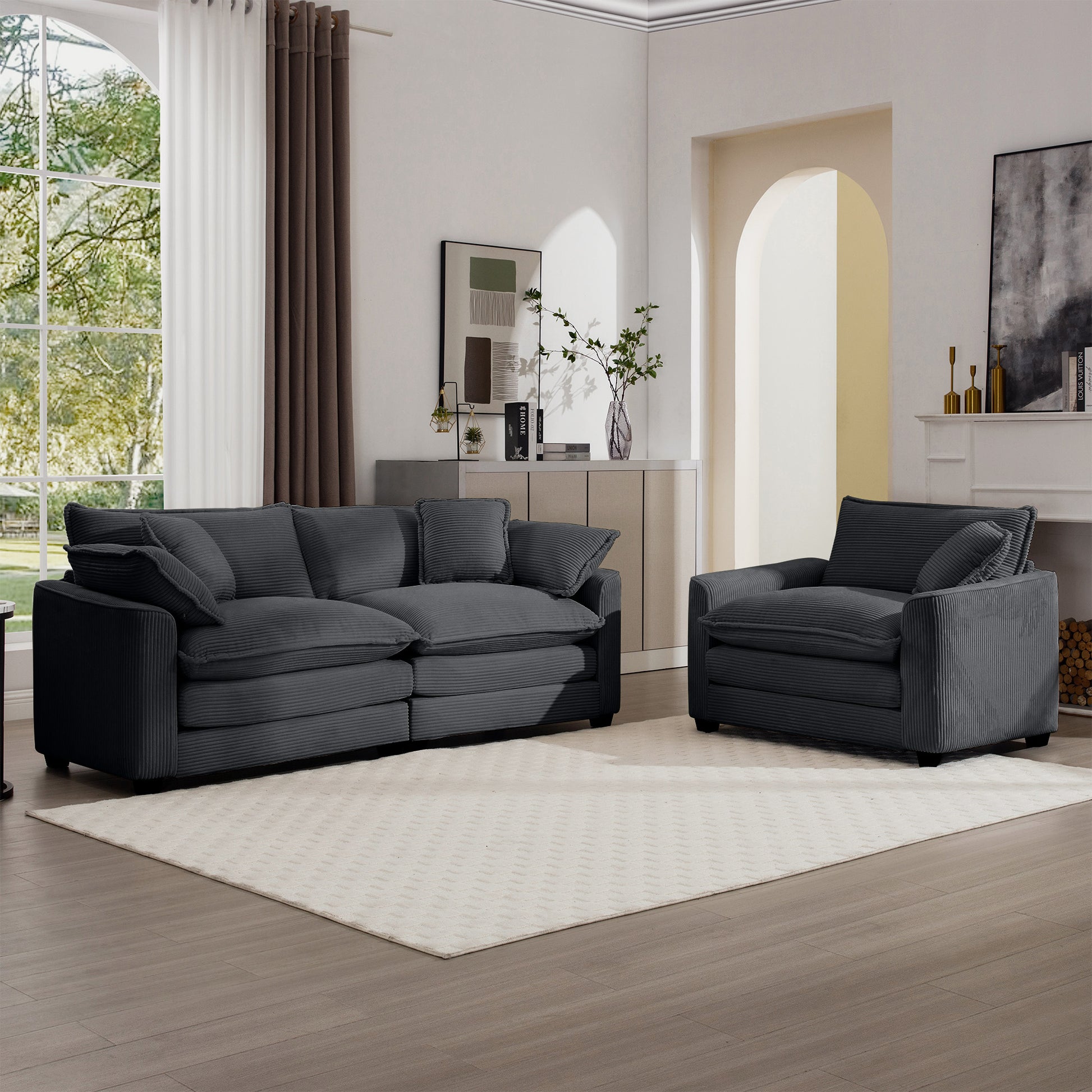 Modern Living Room Sofa Two Piece Set, Suitable For Living Room And Bedroom Sofa Set, Consists Of A Single Seat And A 3 Seater Sofas, Grey Corduroy Grey Corduroy 3 Seat