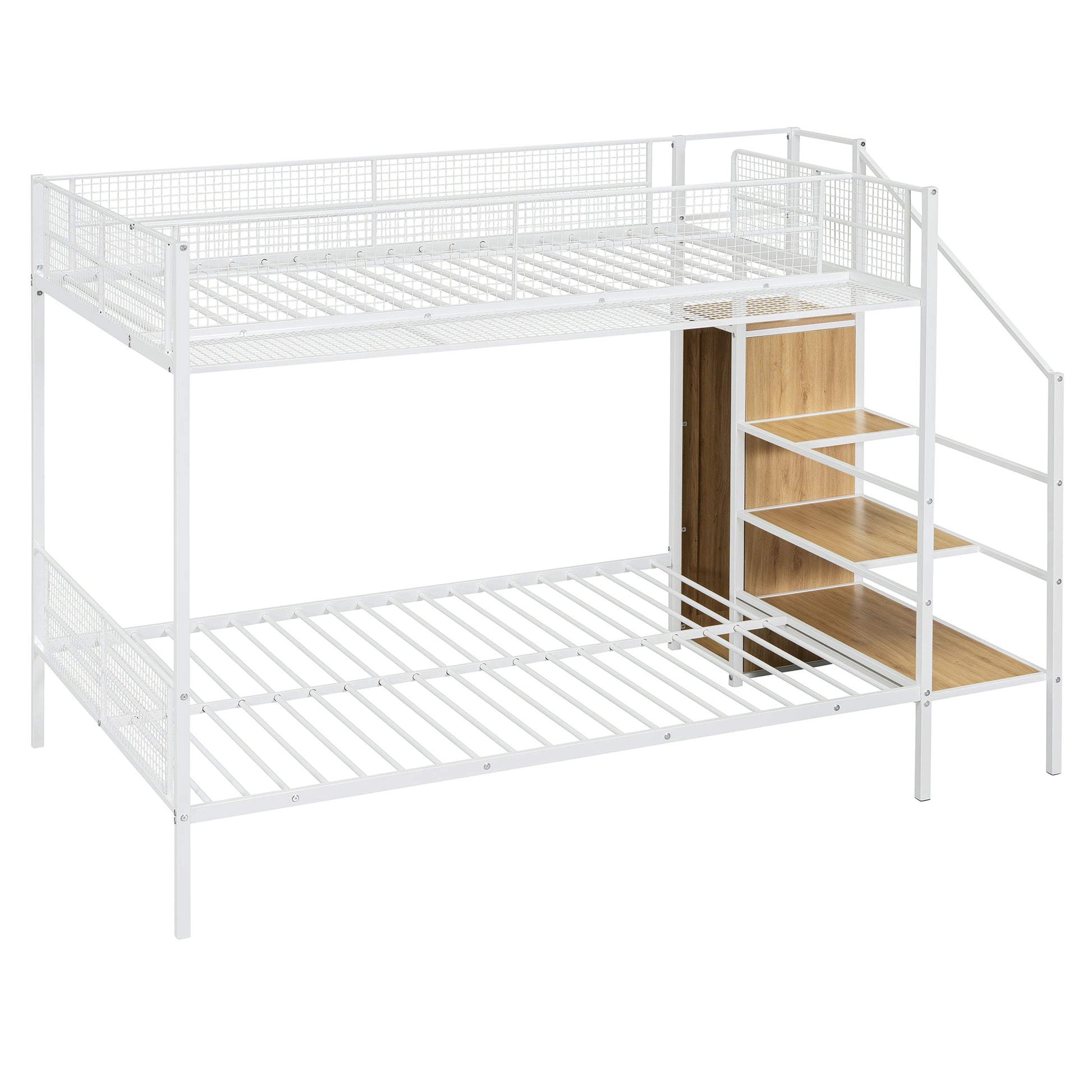 Twin Over Full Metal Bunk Bed With Wire Shelving And Lateral Storage Ladder And Wardrobe, White White Metal