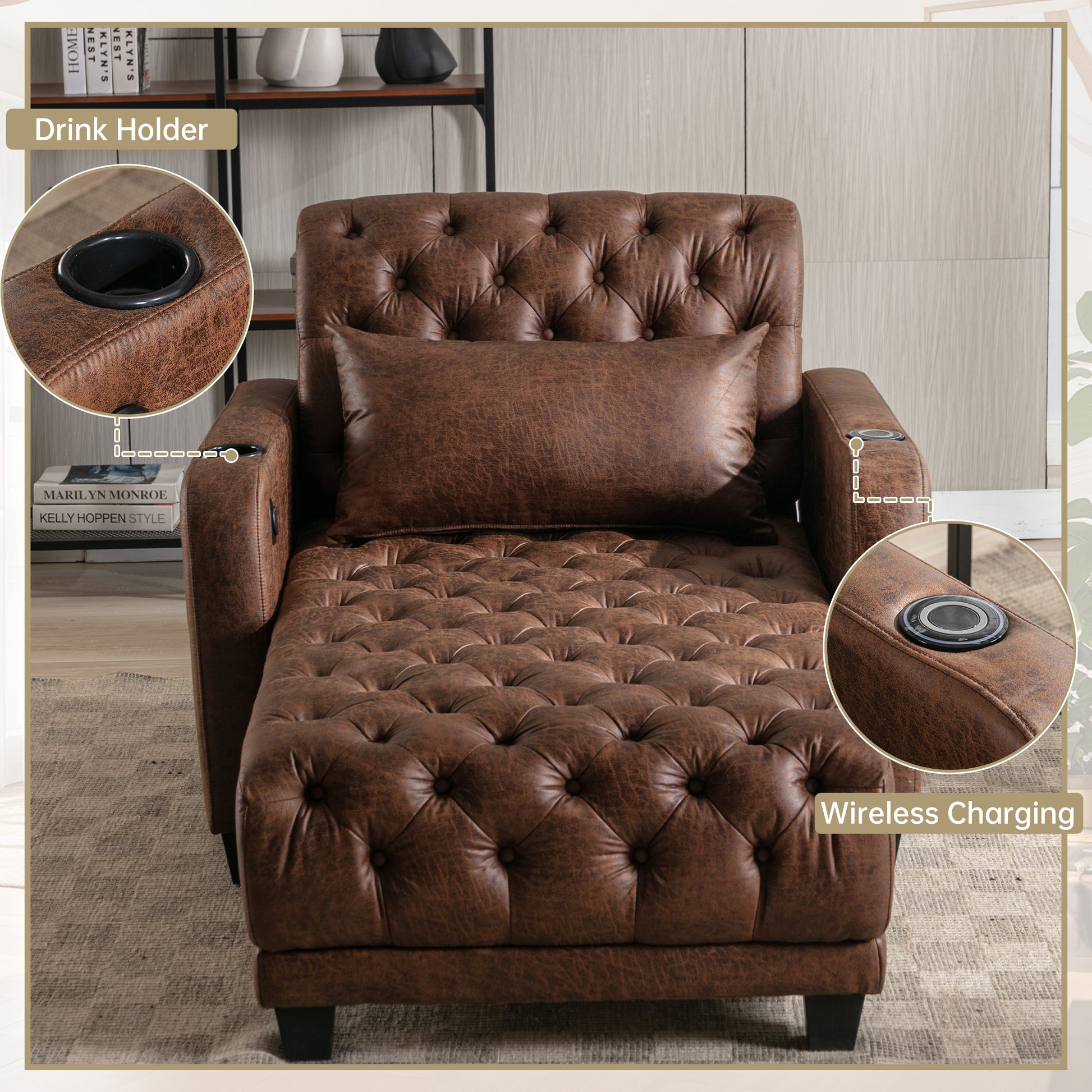 Coolmore Multifunctional Living Room Leisure Chaise Lounge Barry Tufted Comfy Armchair Wireless Charging, Smooth Reclining Backrest & Lumbar Pillow For Home Apartment Brown Linen Brown Foam Linen