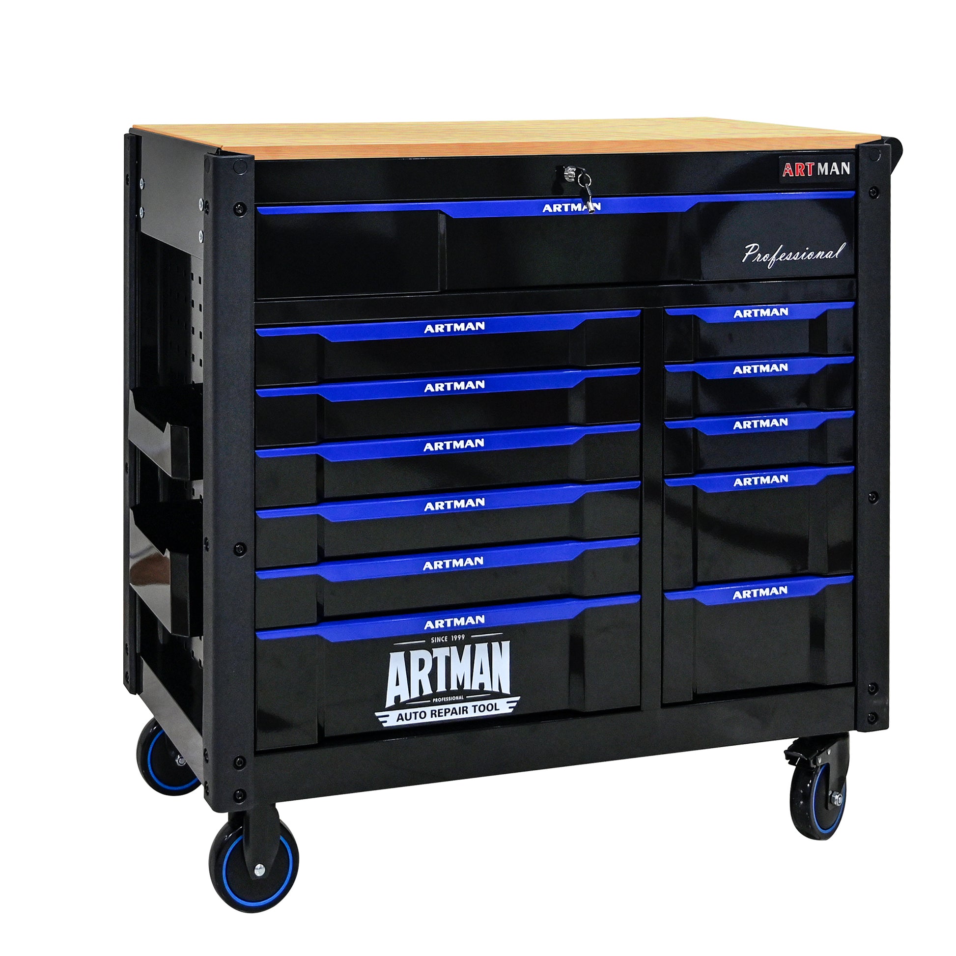 12 Layer Drawer Multi Purpose Tool Car, With Wheels, Wooden Countertops Black Blue Steel