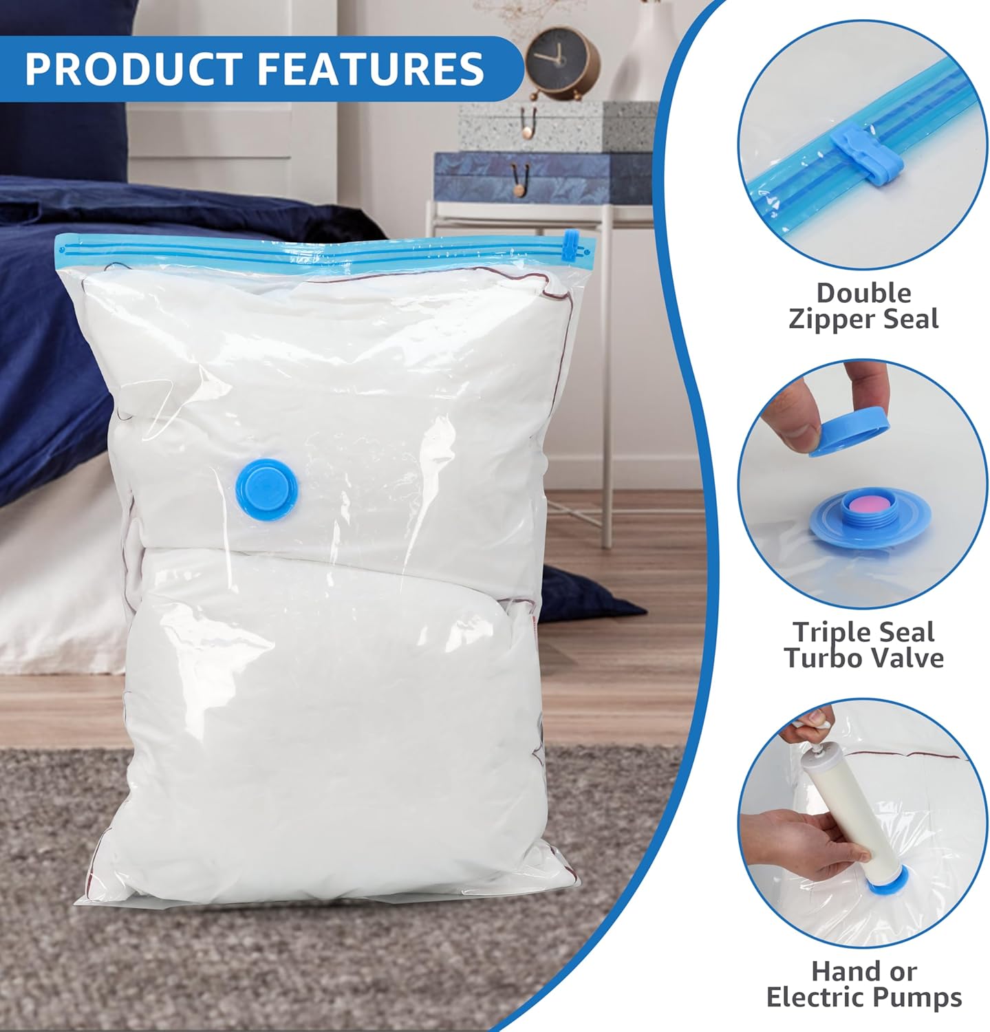 25 Combo Vacuum Seal Bags 5 Jumbo 5 Large 5 Medium 5 Small 5 Roll M With Hand Pump, Vacuum Storage Bags, Space Saver Bags For Comforters, Blankets, Bedding, Pillows, Clothes White Polyethylene