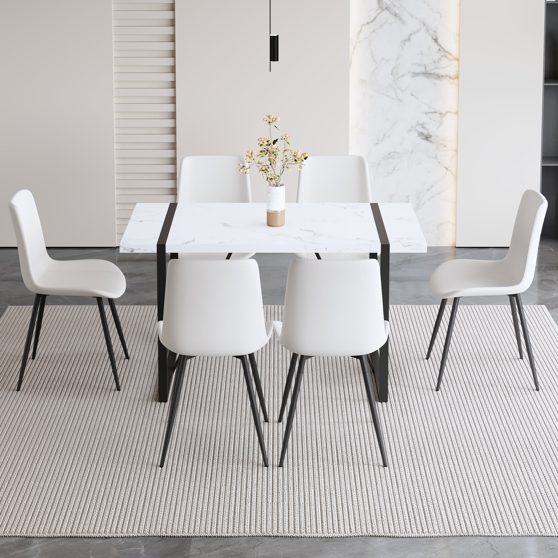 Table And Chair Set.A Modern Minimalist White Marble Veined Mdf Dining Table With Metal Frame.Paried With 6 Chairs With Pu Cushions And Black Metal Legs. White Seats 6 Mdf Metal