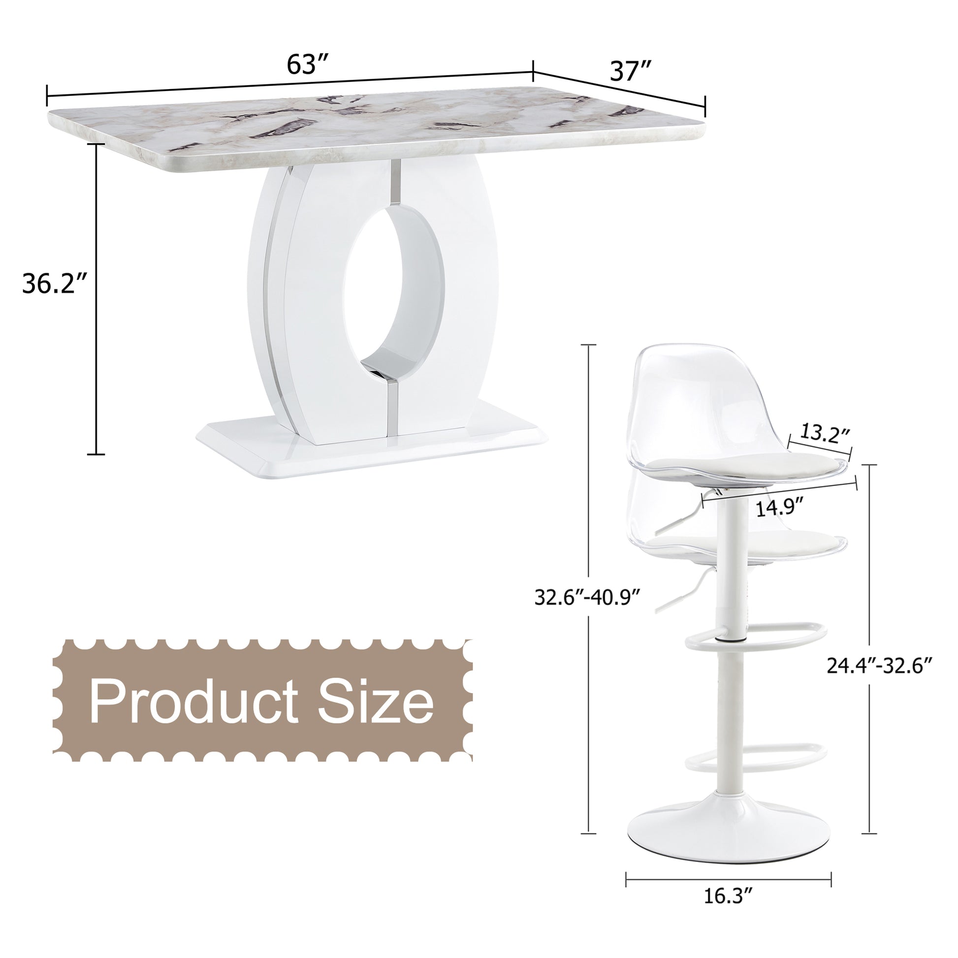 Tables And Chairs Set, Modern Minimalist Style White Marble Pattern Table, Bar Table. Can Rotate And Adjust The Lifting Bar Chair 360 . Pet Backrest And Pu Leather Seat Cushion. Bt 1280Lc 011 White Mdf