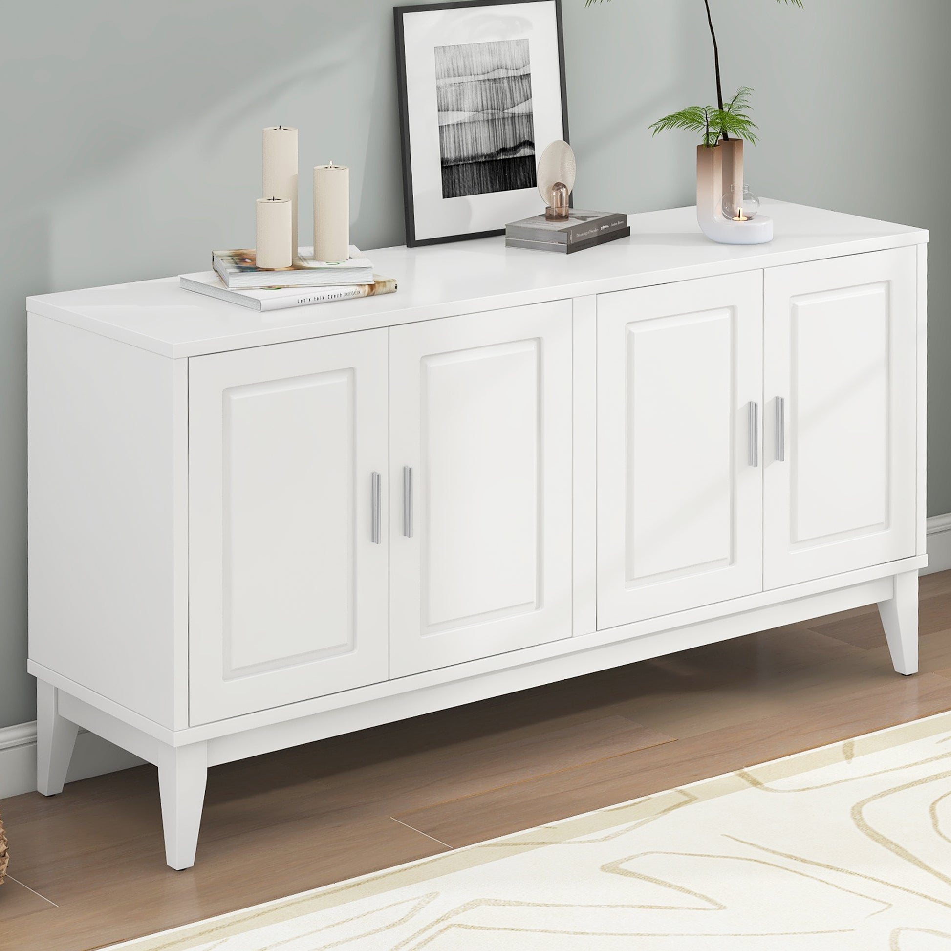 4 Door Sideboard Storage Cabinet With Door Shelf For Living Room And Dining Room, Two Large Cabinets With Adjustable Shelf, White White Rubberwood Solid Wood Mdf