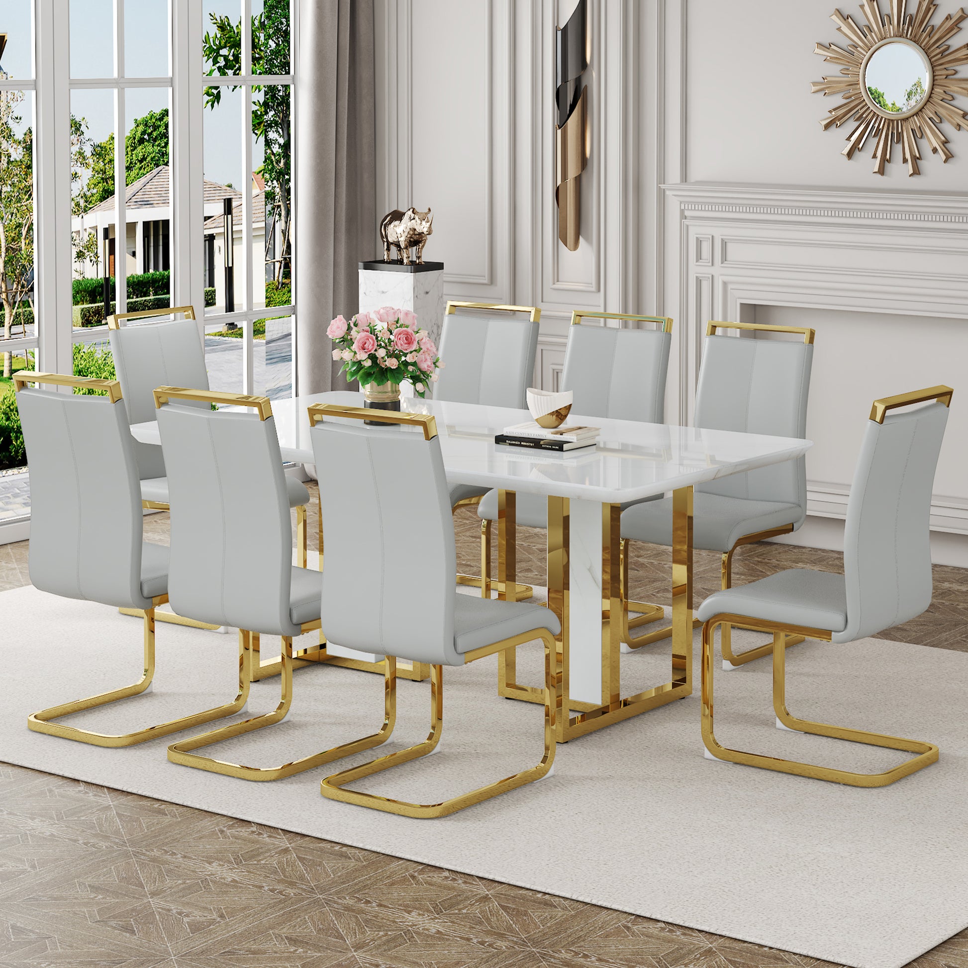 Table And Chair Set.67"X36" White Marble Pattern Mdf Dining Table Set With 8 Light Gray Pu Chairs.Mdf Sticker,White Marble Pattern Sticker,Gold C Tube Chair Legs,Suitable For Kitchen,Dining