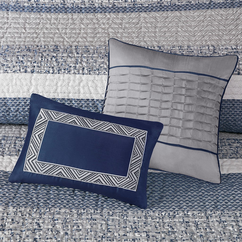 6 Piece Reversible Jacquard Quilt Set With Throw Pillows Navy Full Queen Navy Cotton