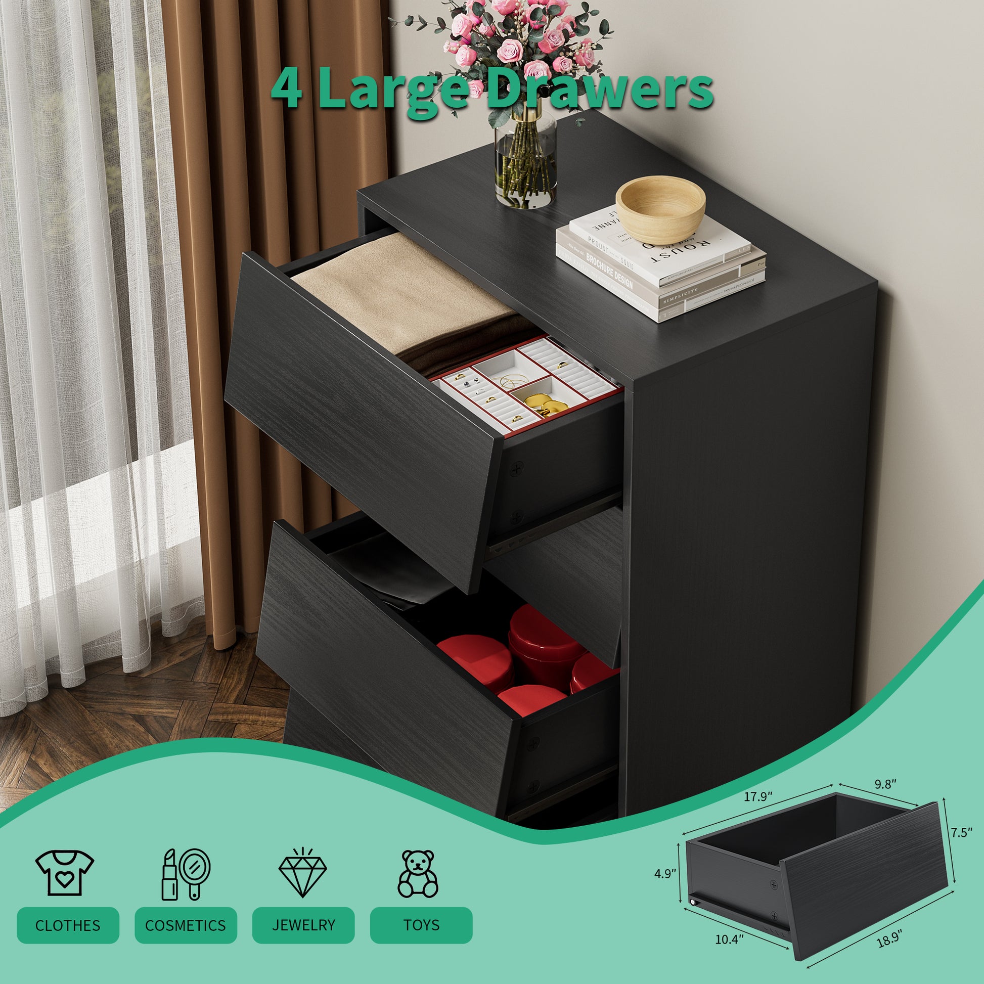 4 Drawer Double Dresser Features Vintage Style And Bevel Design Black 4 Drawer Double Dresser Features Vintage Style And Bevel Design Black
