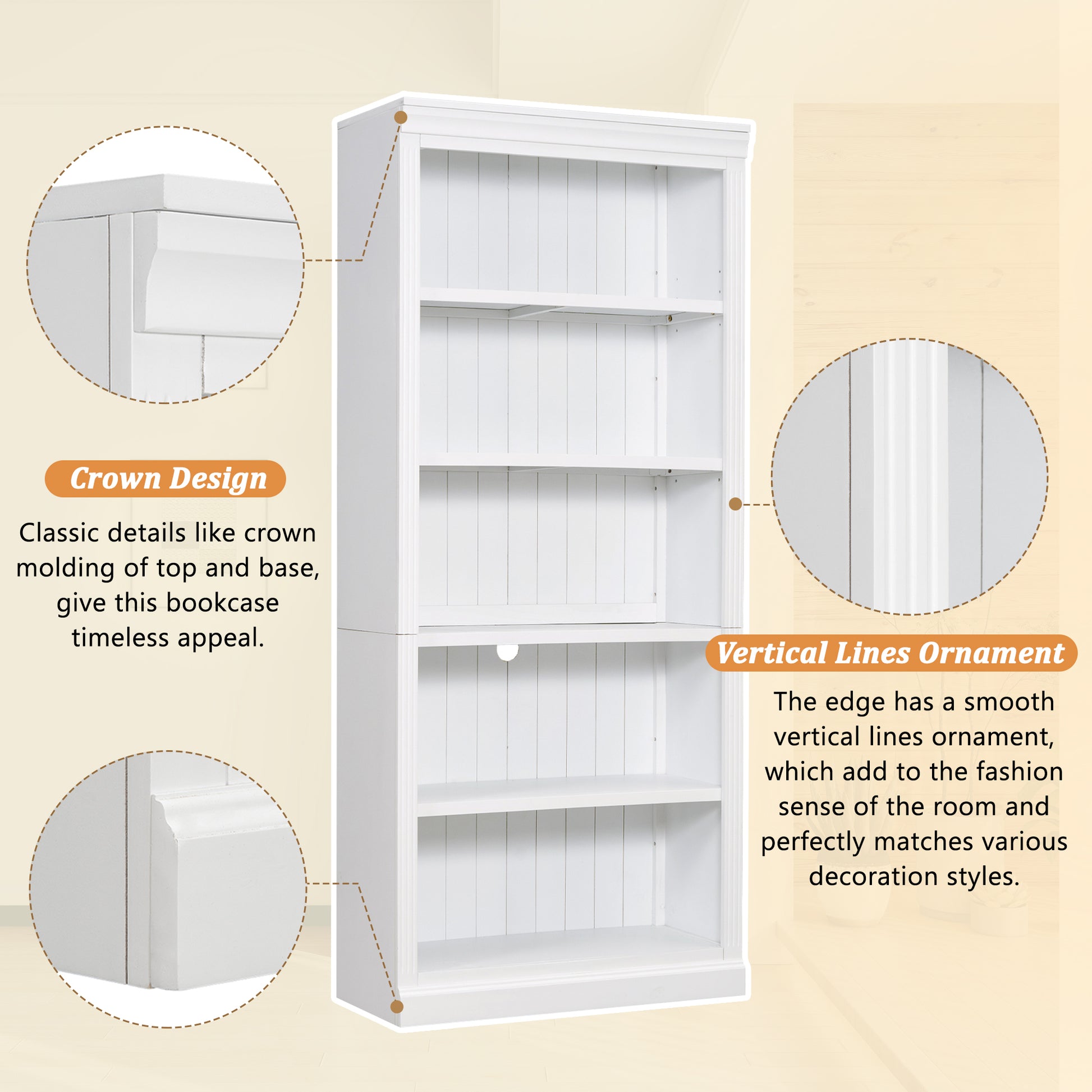 83.4" Tall Two Wood Bookcase With Two Corner Shelf Suite,5 Tier Home Decor Bookshelves Suite With Adjustable Storage Shelves,Free Standing Storage Shelves Suite For Living Room,Home Office,White