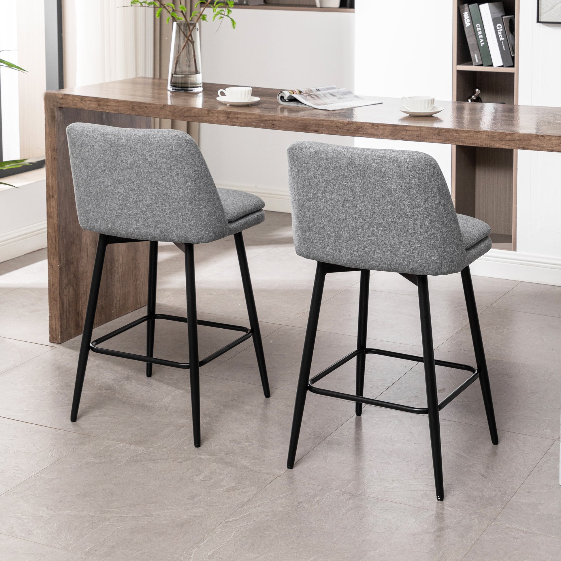 Counter Height Swivel Bar Stools Set Of 2, 360 Swivel Upholstered Barstools With Back And Metal Legs, 25.6" Seat Height,Counter Stools For Kitchen Island And Pub,Linen Cloth,Grey Light Grey Set Of 2 Linen