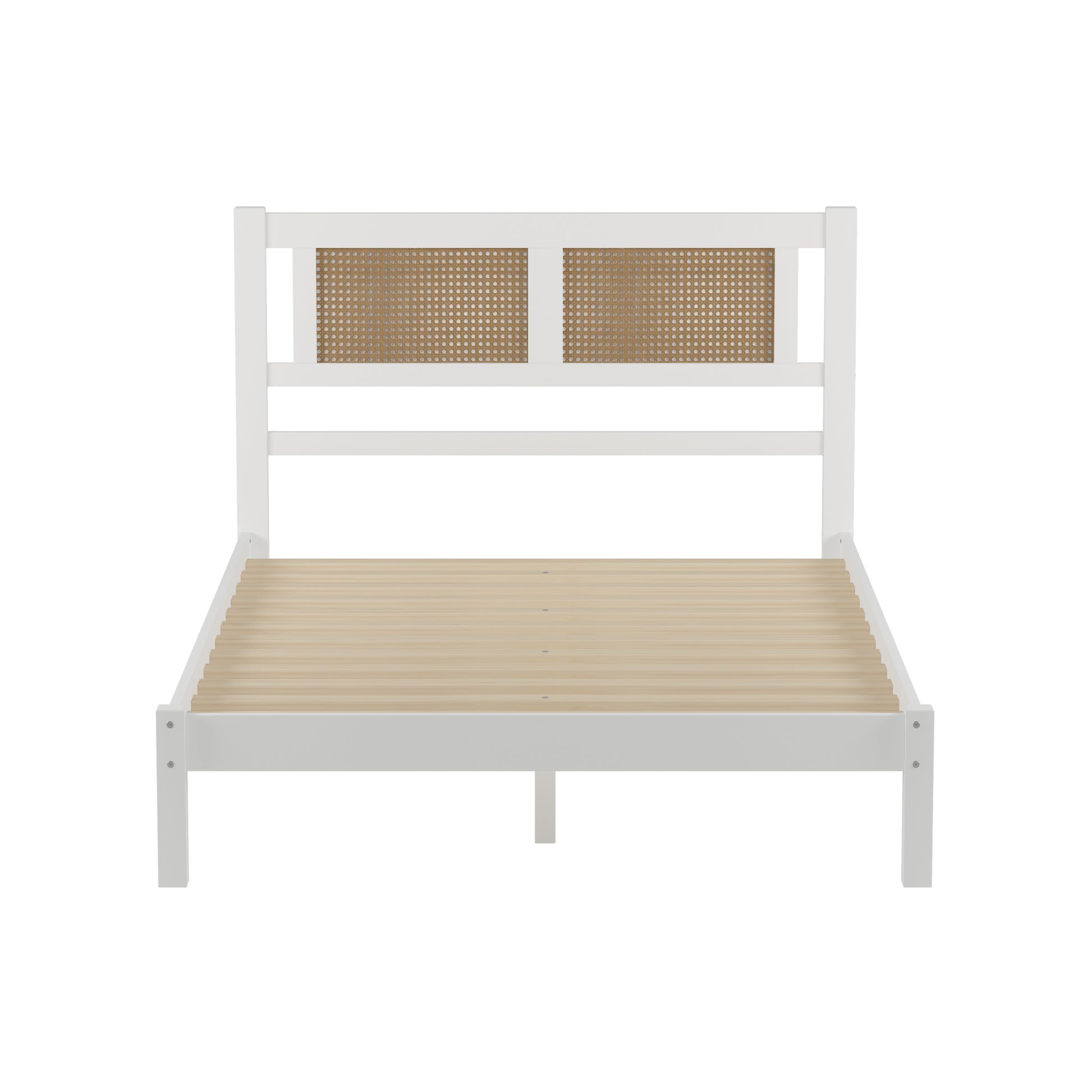 3 Pieces Bedroom Sets Full Size Wooden Platform Bed With Natural Rattan Headboard, Nightstands Set Of 2 With Rattan Woven Surfaces And Three Drawers For Bedroom, White White Particle Board