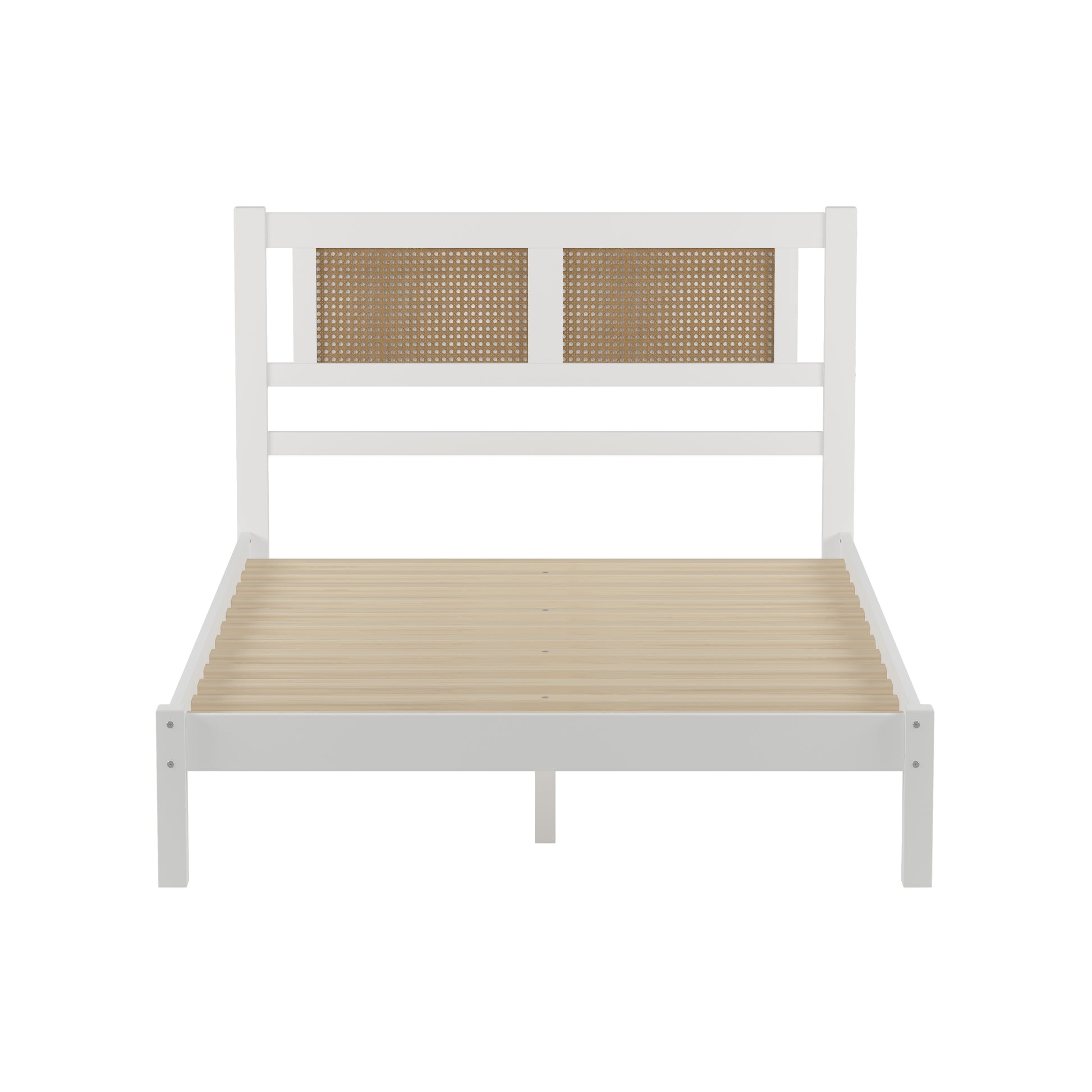 Full Size Wooden Platform Bed With Natural Rattan Headboard, Exquisite Elegance With Minimalist Charm For Bedroom, White White Particle Board