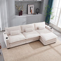 L Shape Sofa Couch With Usb & Cup Holders, Corduroy Stripe Fabric 3 Seater Sofa With 1 Ottoman, Beige Beige Wood 4 Seat