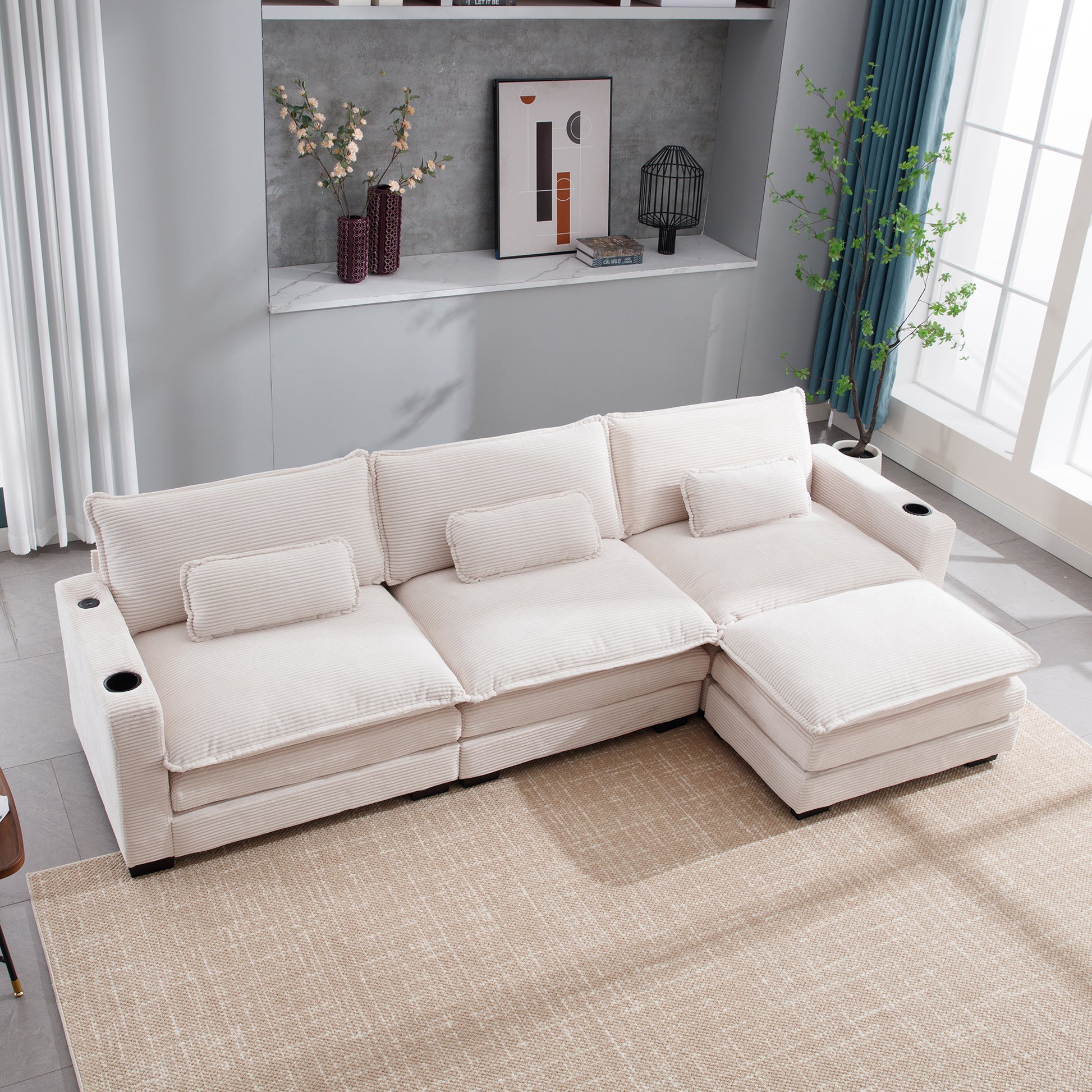 L Shape Sofa Couch With Usb & Cup Holders, Corduroy Stripe Fabric 3 Seater Sofa With 1 Ottoman, Beige Beige Wood 4 Seat